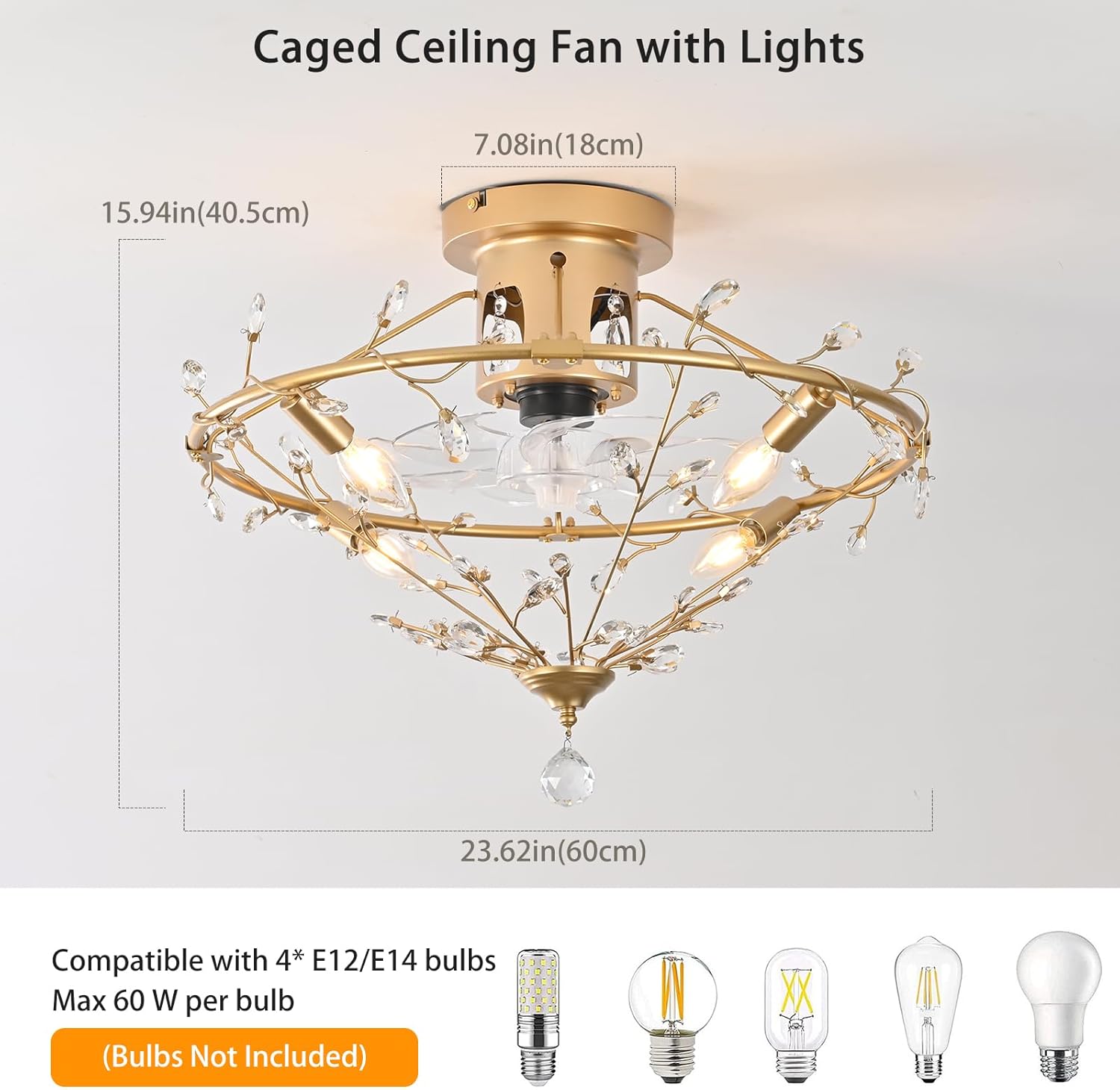 Ganeed 23.6 Inch Gold Crystal Fandelier Ceiling Fan with Light, Chandelier Ceiling Fan with Lights Remote Control, Modern Crystal Fandelier 6 Speeds for Girl's Bedroom Nursery Living Room Kitchen