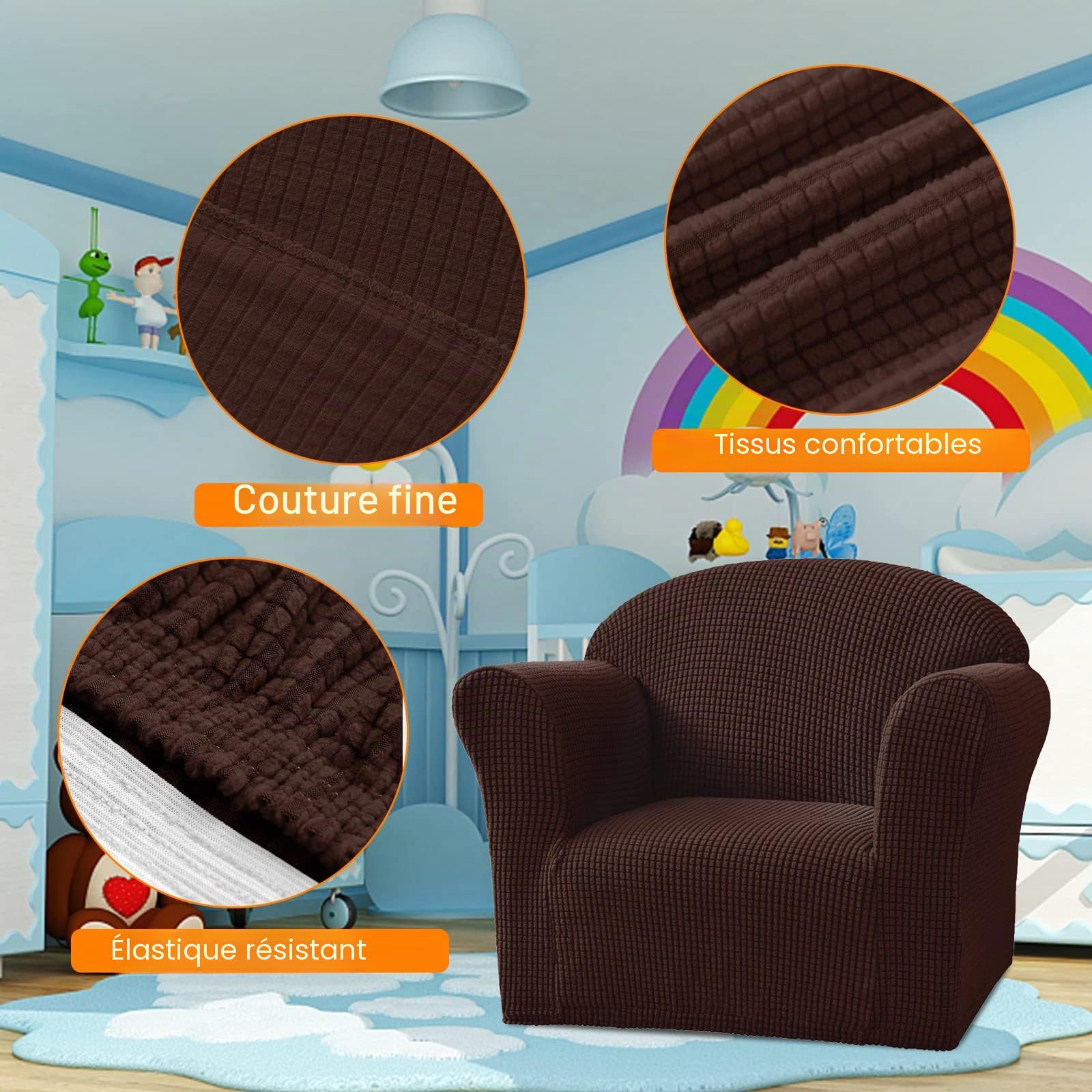 Housse de Fauteuil pour Enfant Extensible Jacquard Housse de Canapé Enfant Housse Fauteuils Lavable pour Chambre d'enfant (Marron Foncé)