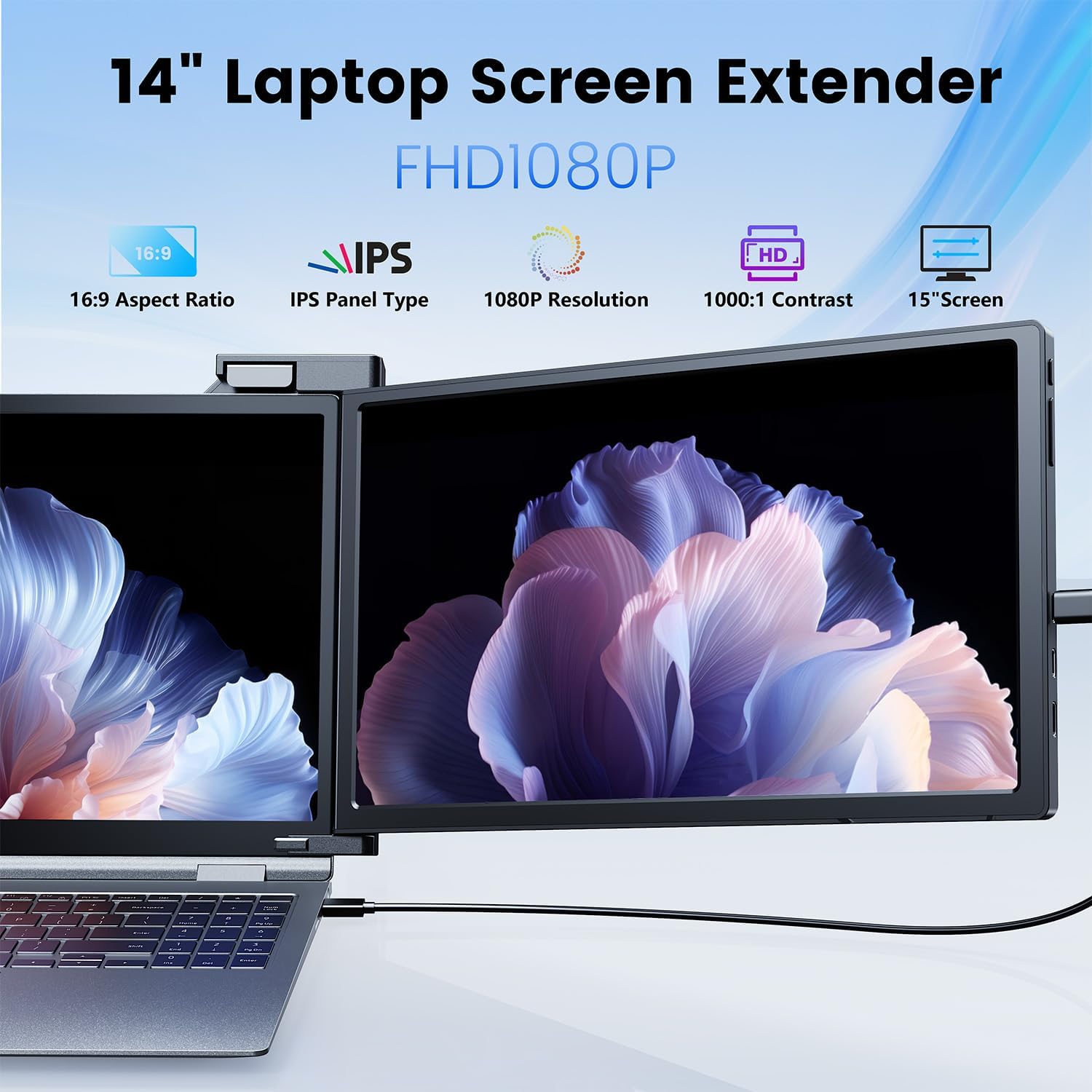 14'' Triple Laptop Screen Extender, 1080P FHD Portable Monitor for 14"-17" Laptop with USB-C/HDMI Port, Plug-Play Monitor Extender for Triple Display for Mac/Windows Remote Work & Multitasking