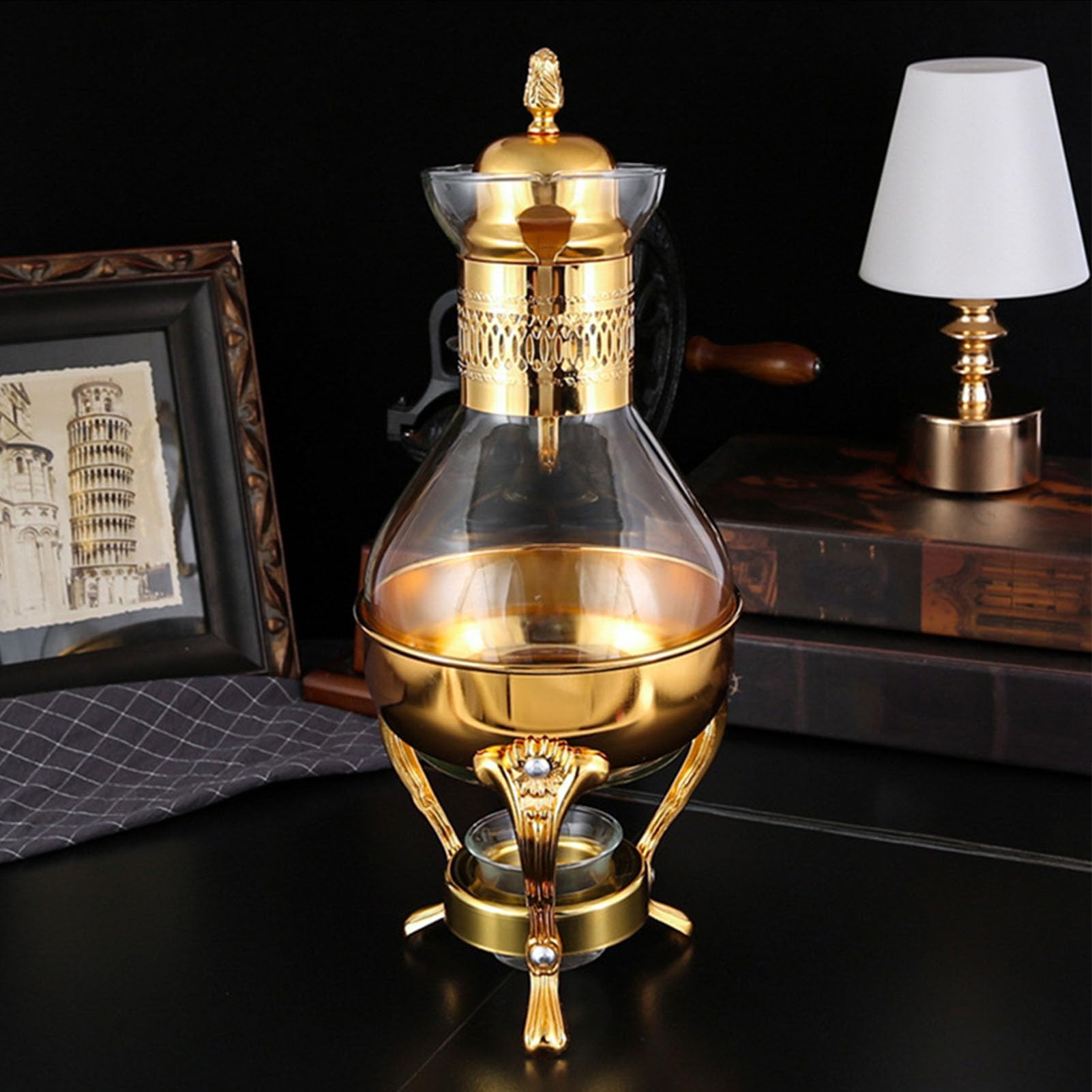 Glas-Set, Glas-Kaffeekanne, Glas- mit Stövchen, türkische, Vintage-Stil, Teekessel, klare Glas- mit Deckel und Tasse (Gold)