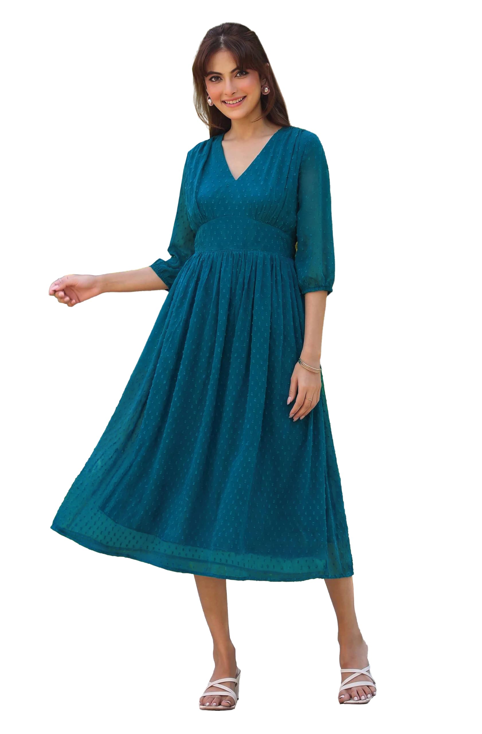 janasya Women's Teal Blue Dobby Chiffon Self Design Fit & Flare Dress-picture-24