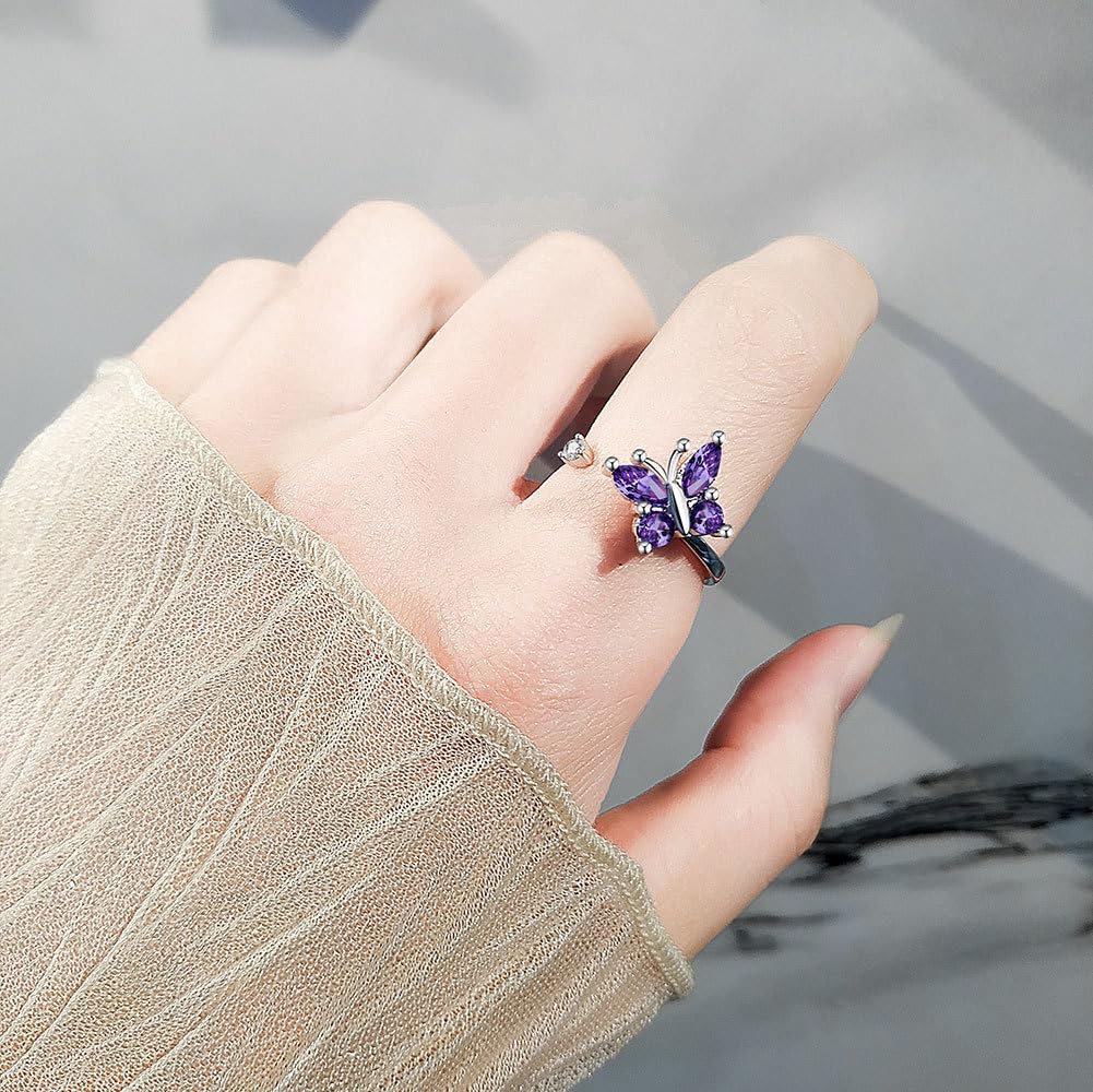 Ametyst motyl Fidget pierścionki lękowe dla kobiet dziewcząt fioletowy CZ obracają się swobodnie inspiracje spinner, ulga stresu, otwarte, układanie w stos, pierścień na palec, wieczność, obietnica,