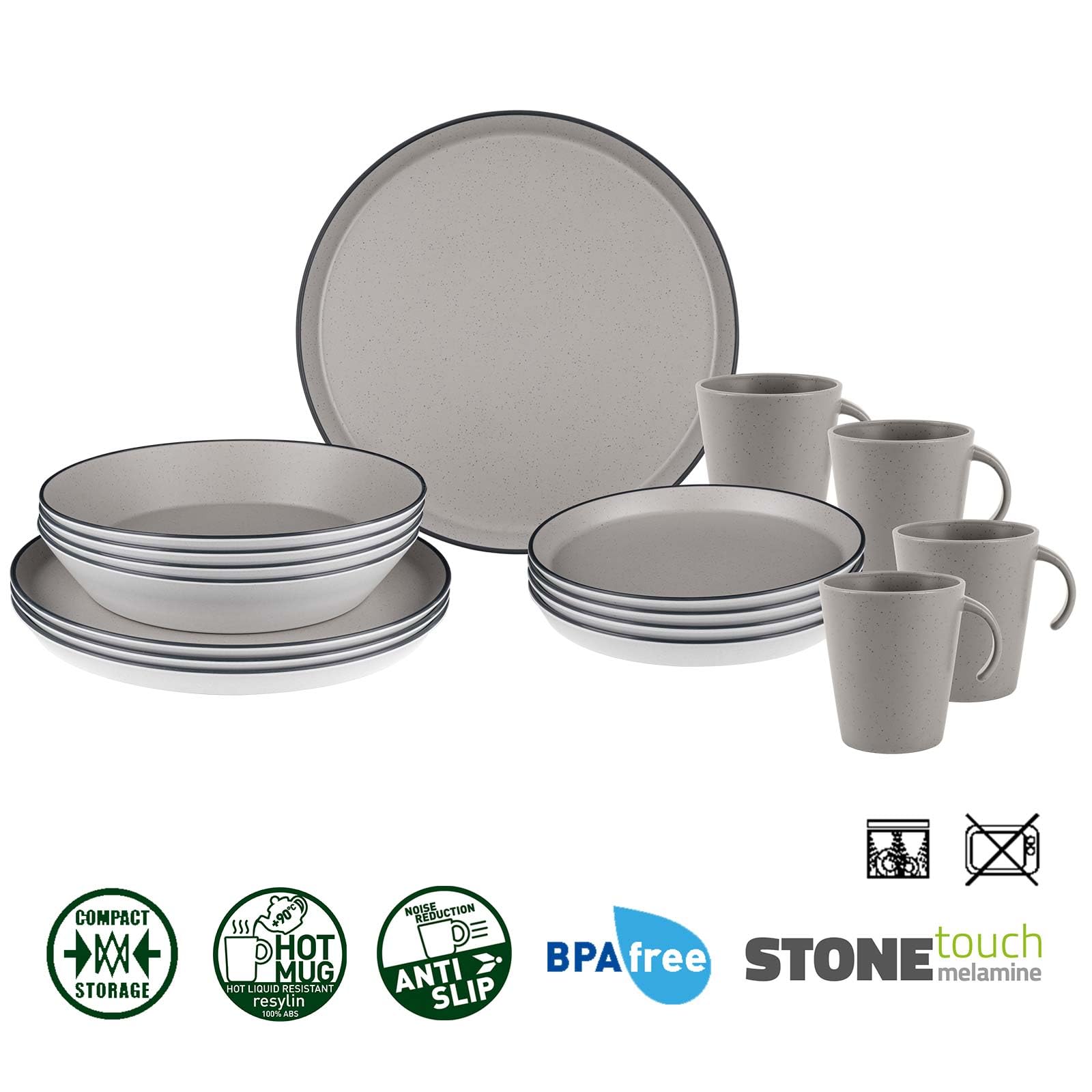 BRUNNER Camping-Geschirr-Set Melamin 2-4 Personen Iconic COMPACK (12 oder 16-Teilig) - Platzsparend Stapelbar, Kratzfest - hochwertig + edel 3-farbig | Steingutoptik und Porzellanhaptik | Antislip