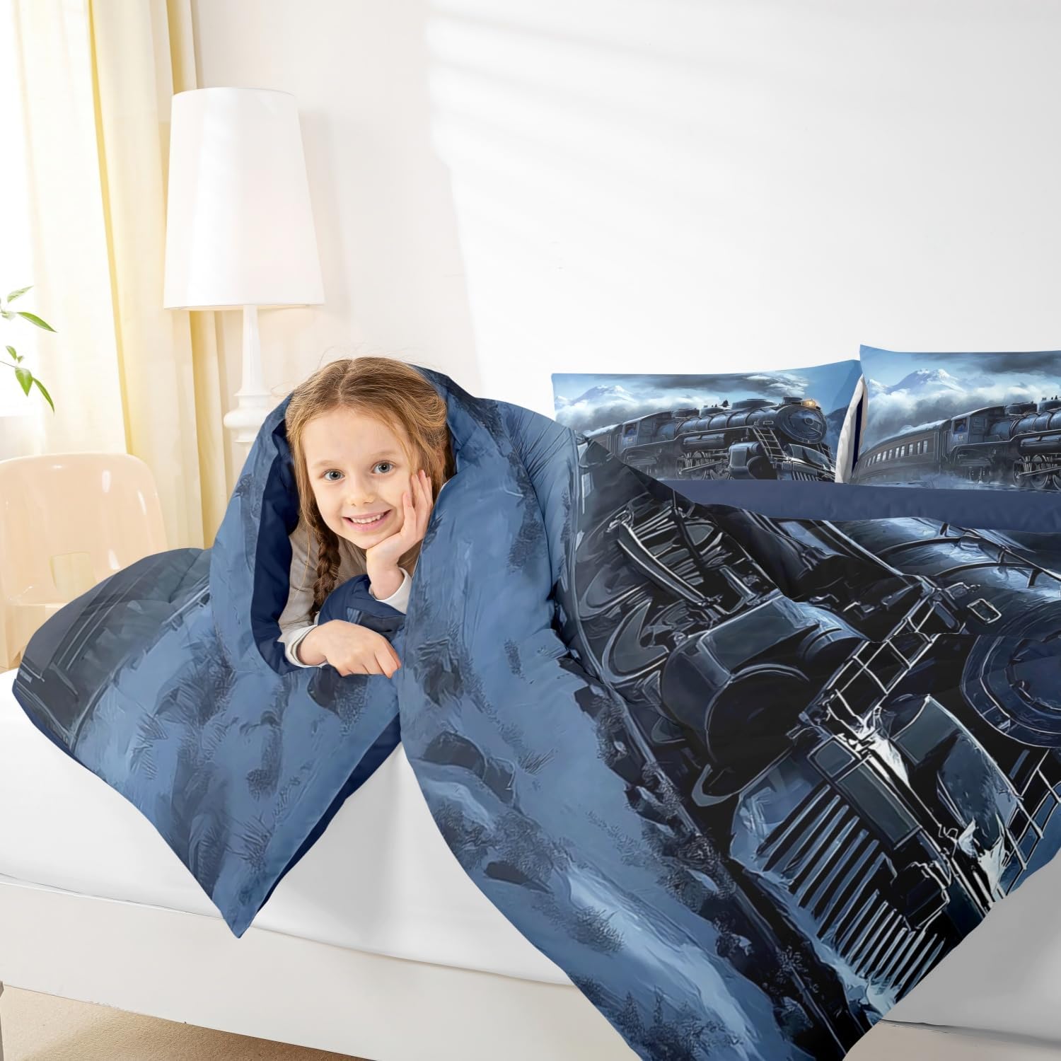 Erosebridal Train Toddler Bedding Set,Vintage Steam Train Comforter Set for Kids Boys Girls,Snow Mountain Scene Quilt Bed Set Transportation Vehicle Bedding Comforter Sets 2Pcs Bedroom Decor