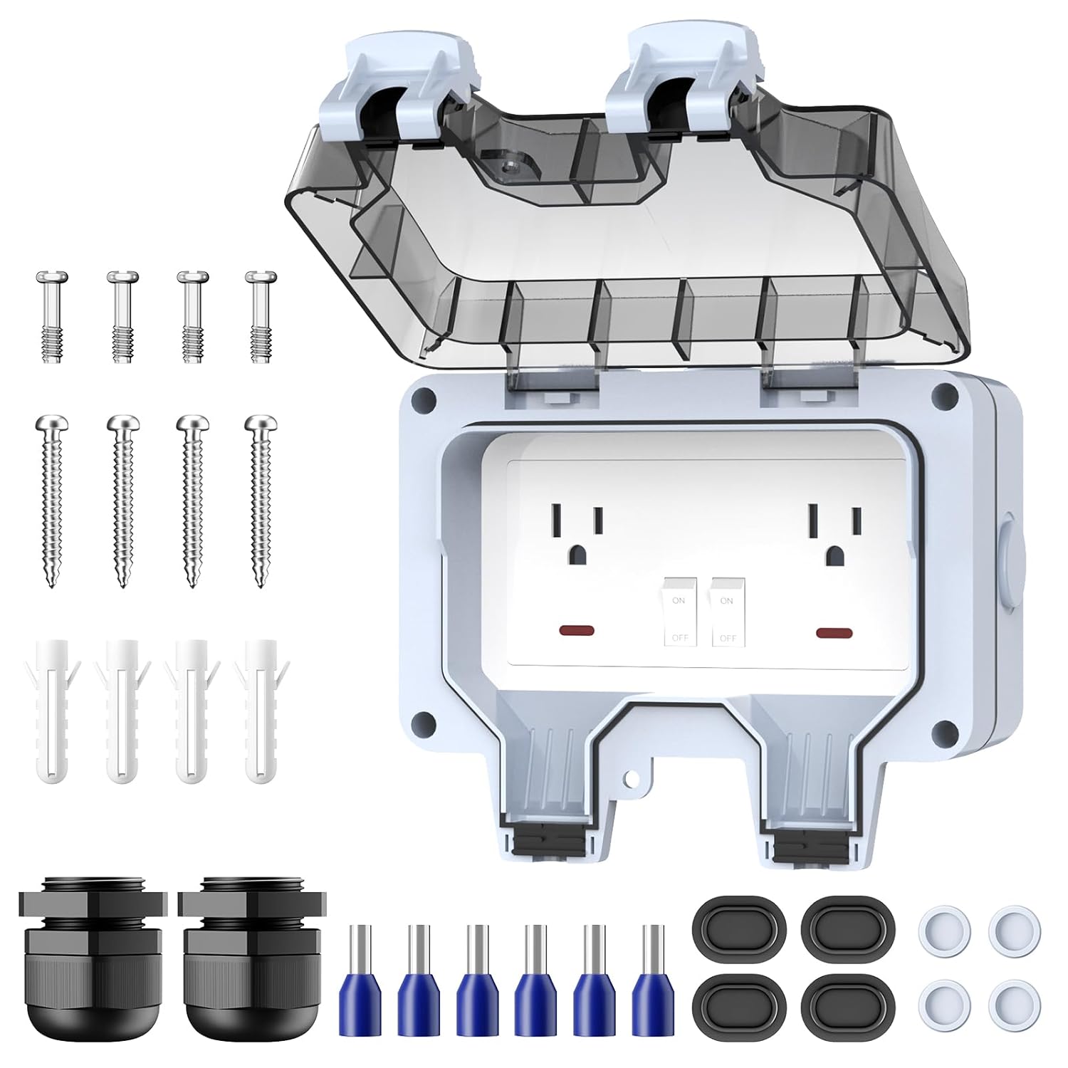 IP66 Waterproof 2-Gang 15A Outdoor Power Socket with Switch and Indicator Light, Weatherproof Wall Plug Socket Box, 250V Switched Socket Cover for Outdoor Use