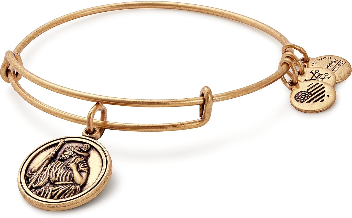 Alex and Ani Divine Guides Bangle Bracelet for Women, Saint Christopher Charm, Rafaelian Finish, 2 to 3.5 in