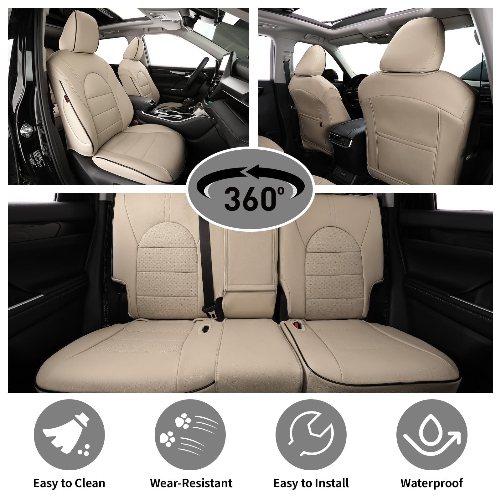 EKR Set completo di coprisedili per auto su misura per Toyota Highlander 2014 2015 2016 2017 2018 2019 -Tre file, seconda fila capitano sedia, similpelle (beige)