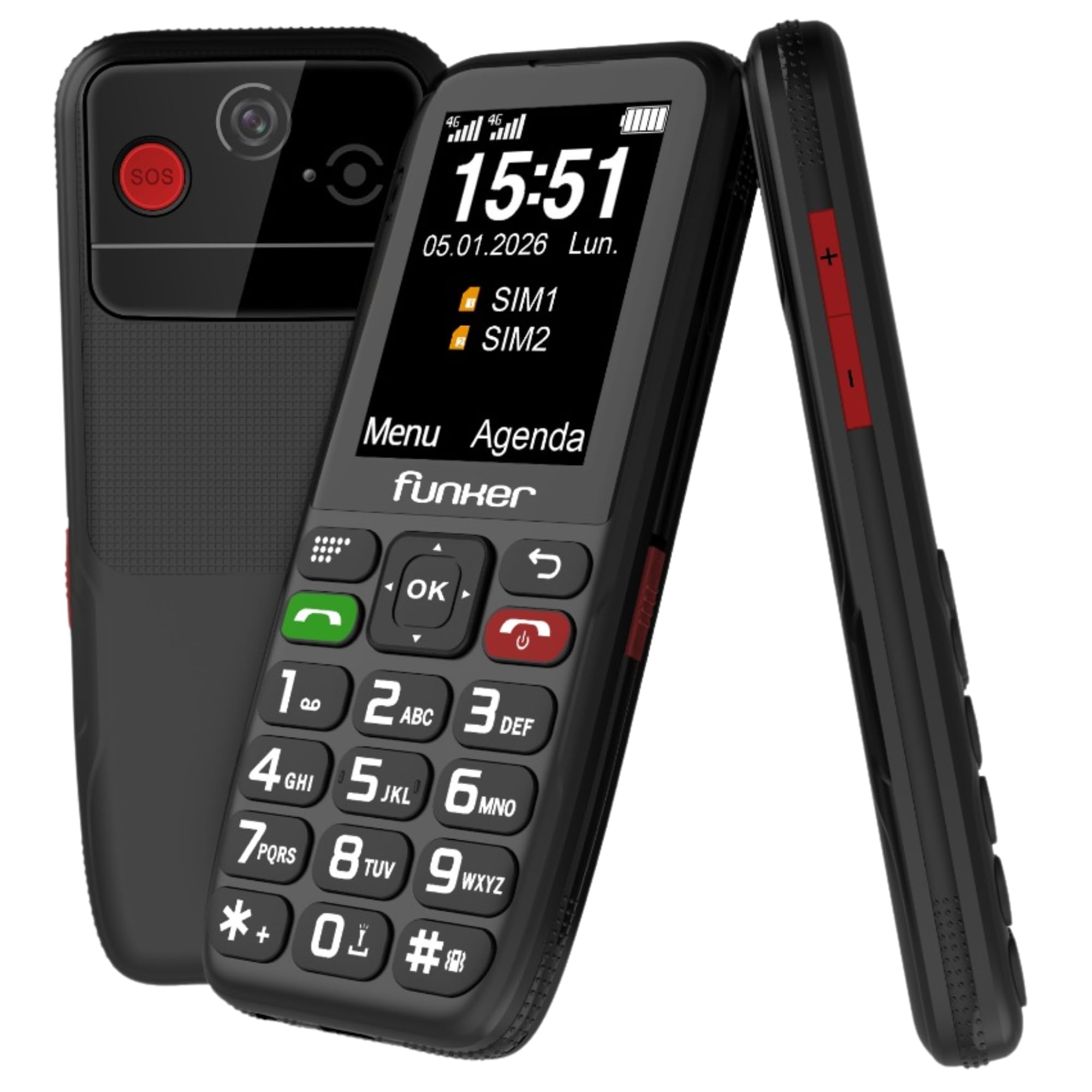 Funker C180 - Telefono cellulare 4G per anziani e uso domestico, tasti grandi, schermo 2,4", base di ricarica, batteria 1800 mAh, tasti Easy, audio alto Voice HD, nero