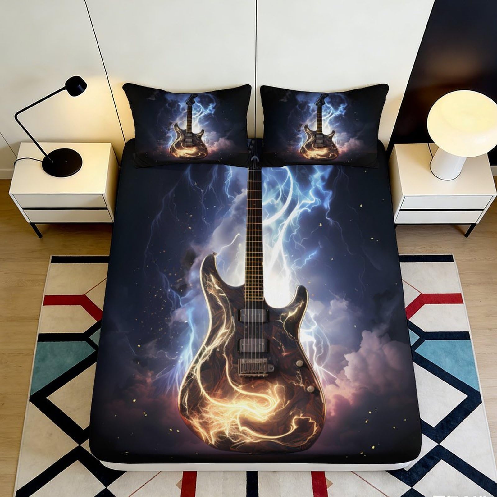 3D Printed Electric Guitar Fitted Sheet Microfiber Soft Breathable Fiery Lightning Bed Cover for Bedroom Dorm Decor 90x200x25cm