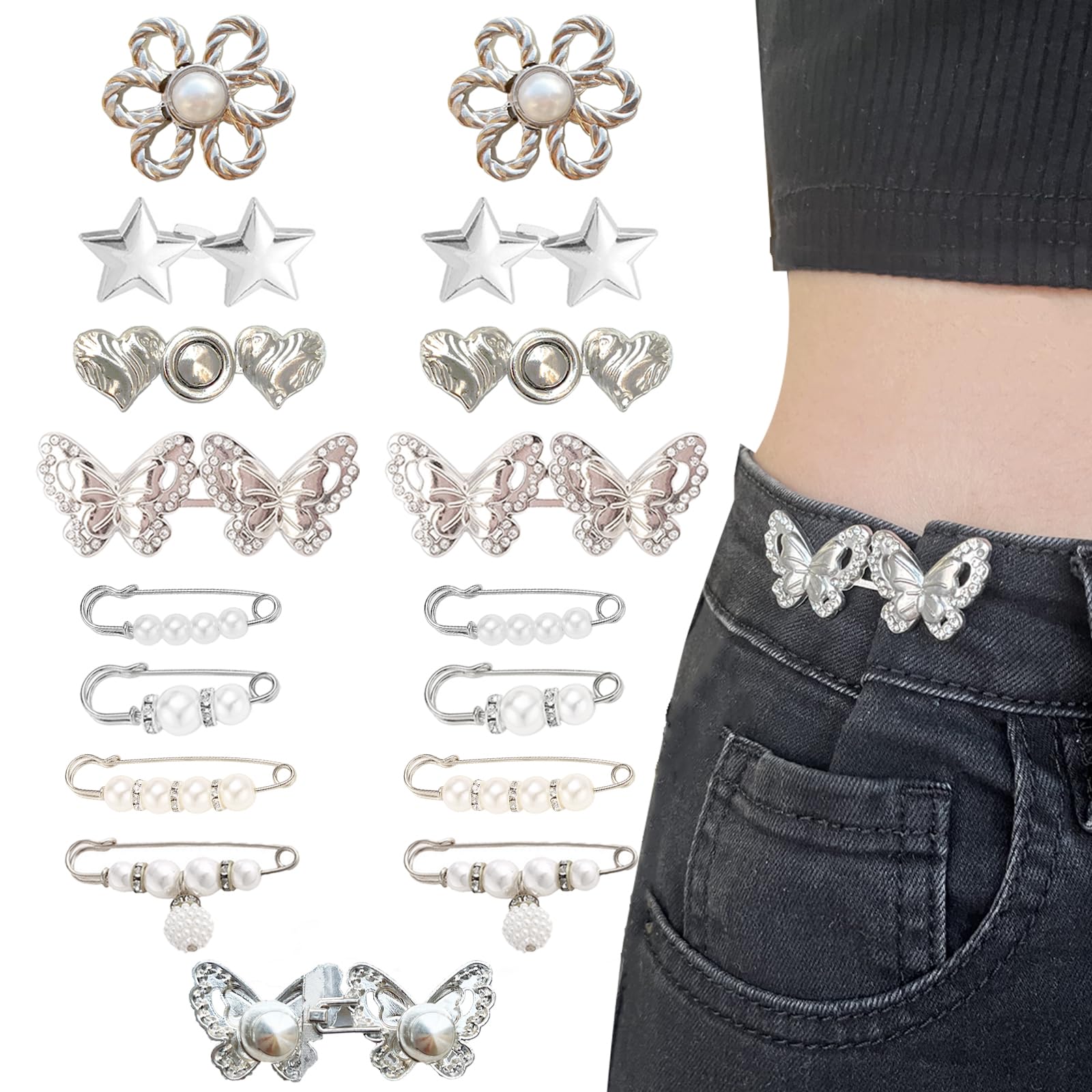 16 Set Pant Waist Tightener, Adjustable Butterfly Pins for Loose Jeans, Reusable Waist Tightener for Pants Women Heart Brooch and Pins