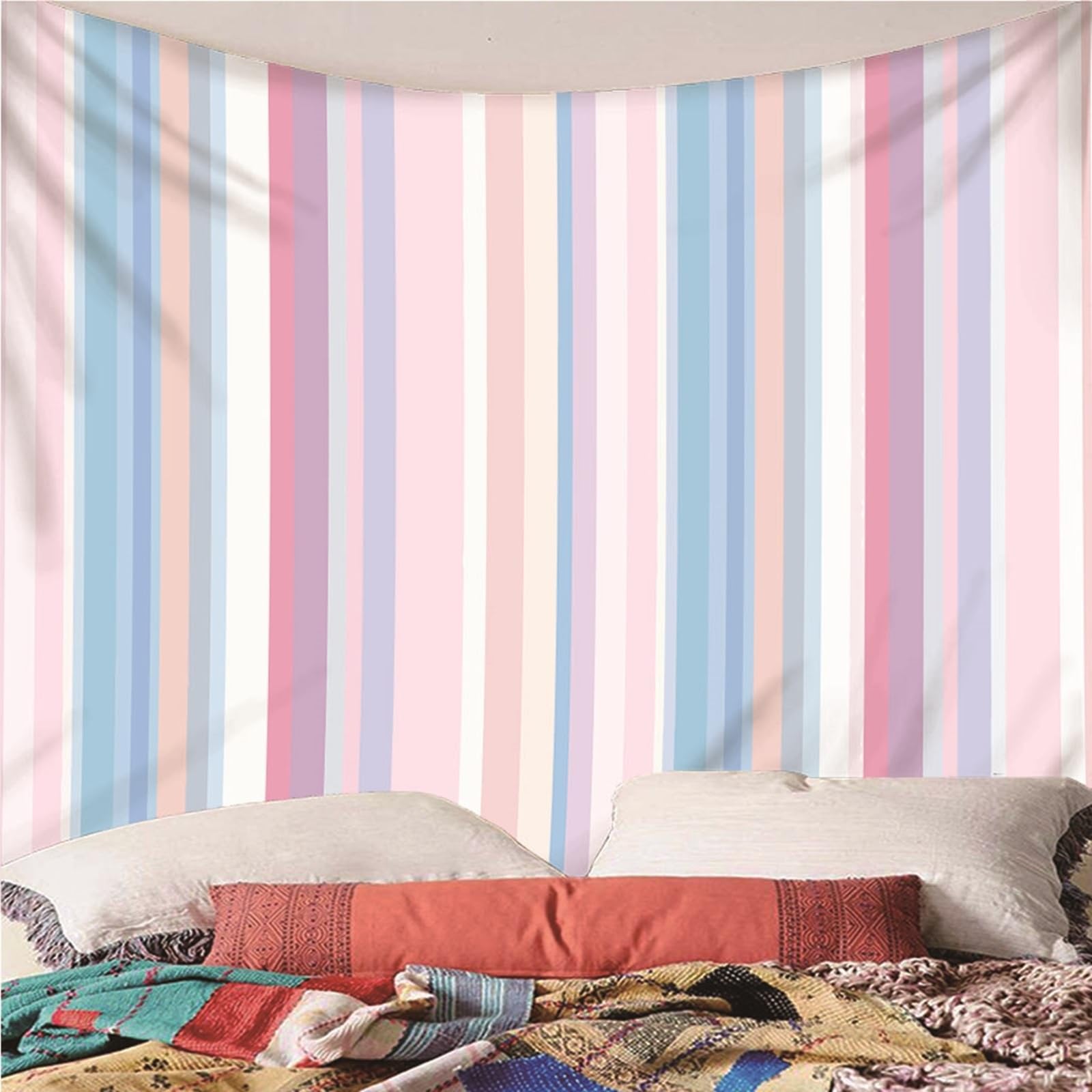 Lieson Arazzo Grande, Arazzi da Parete Moderni 350x256CM Strisce Verticali Semplici Tappeti Parete Camera Letto Per Decorazione Della Casa, Rosa Blu