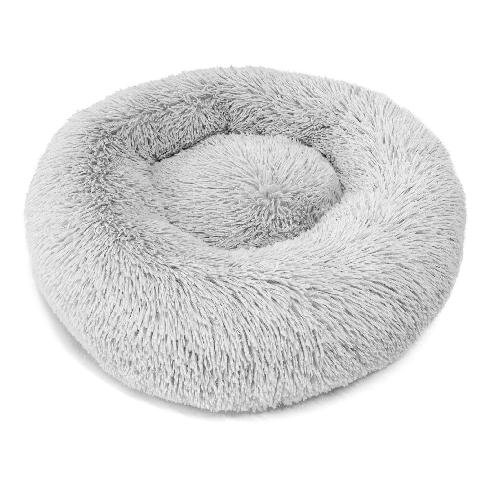 Qinxuepet Dog & Cat Beds for Indoor pet, 24 inches Cat Bed Machine Washable,Plush Round Cat Bed, Soft Shag Fur, Light Grey, Large
