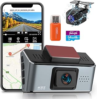 4K Dash Cam Front and Rear with WiFi GPS UHD 2160P Car Dashboard Dual Camera Recorder with Speed Detect 64GB SD Card Included,APP,3.0” IPS,170°Wide Angle,Super Night Vision,Support 512GB Max