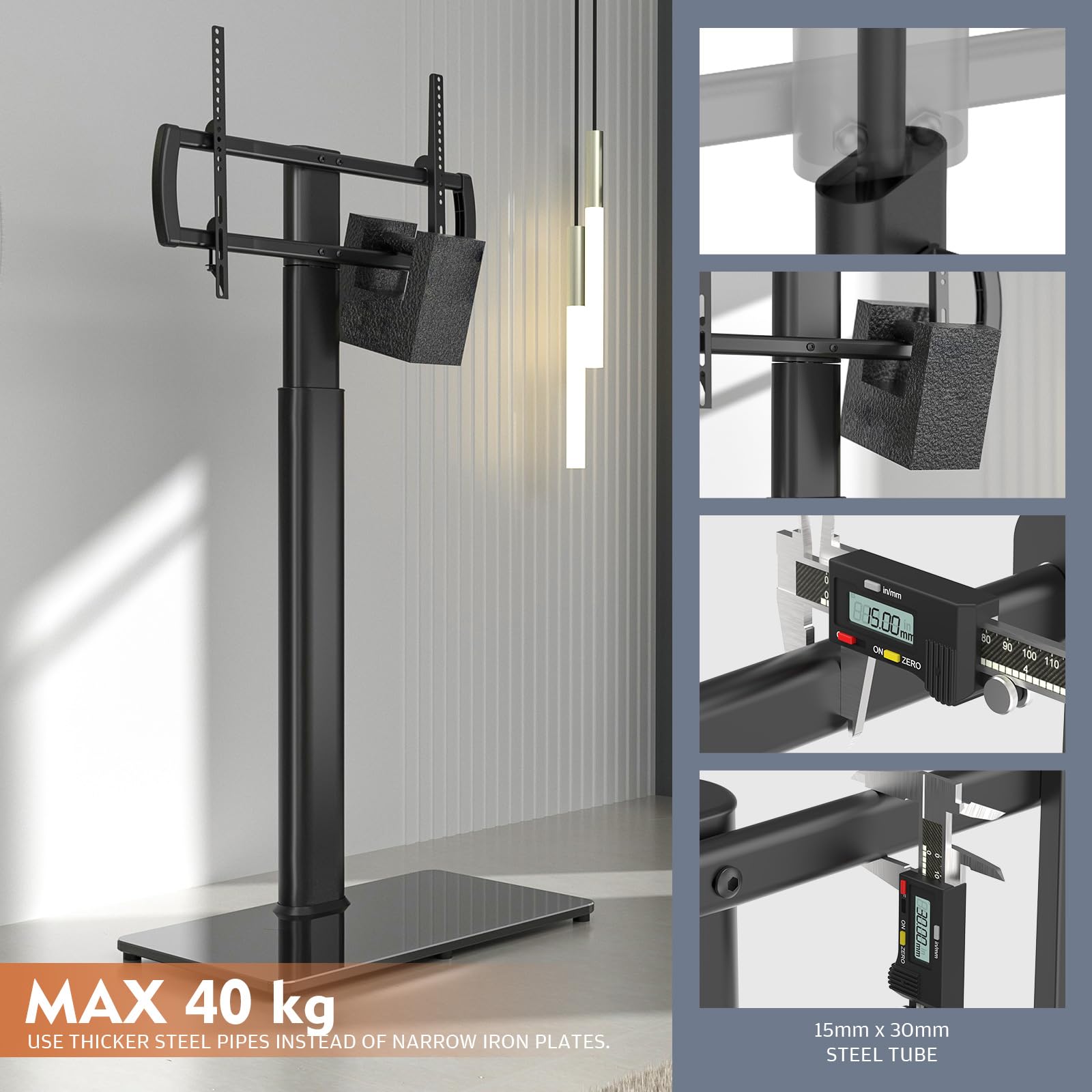 Supporto per TV universale, da pavimento, girevole a 80 gradi, regolabile in altezza e salvaspazio, adatto per televisori LCD, LED e OLED da 27-65", perfetto per angoli e camere da letto HT1002B