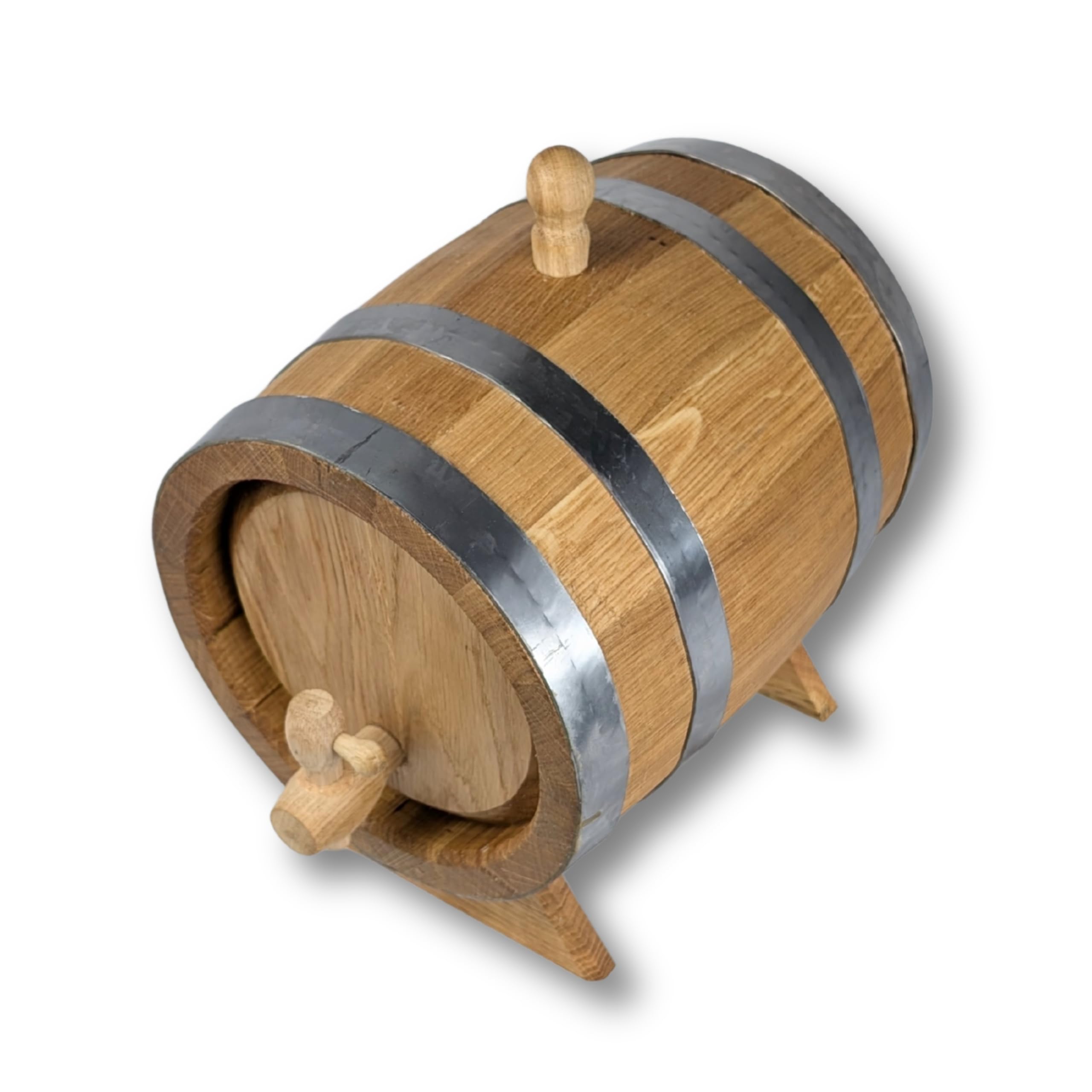 Eichenholzfass Holzfass 5 Liter mit Holzhahn, Bock & Stopfen | Fass für Whisky, Schnaps, Wein & Rum | Traditionelle | Innen geflammt & außen gewachst | Edelstahlreifen