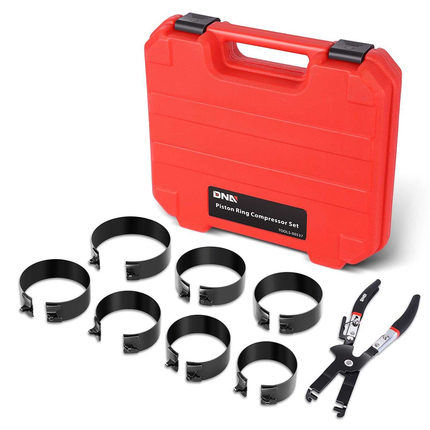 DNA MOTORING Engine Piston Ring Compressor Set with Compression Pliers and 7 Piston Rings (2-7/8" - 4-5/8") - for Car, Truck, and Motorcycle Installation and Removal Kit, TOOLS-00537