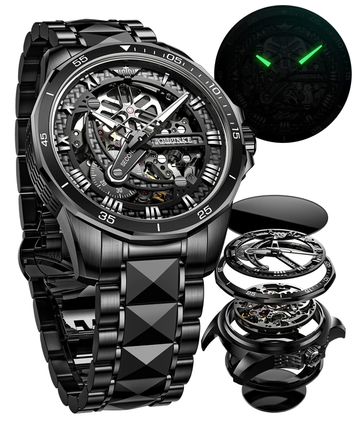 OUPINKE Reloj de pulsera automático para hombre, esqueleto plateado, esfera luminosa 3D con correa de acero de tungsteno luminosa impermeable de 5 ATM, cristal de zafiro, dos tonos, Correa negra,