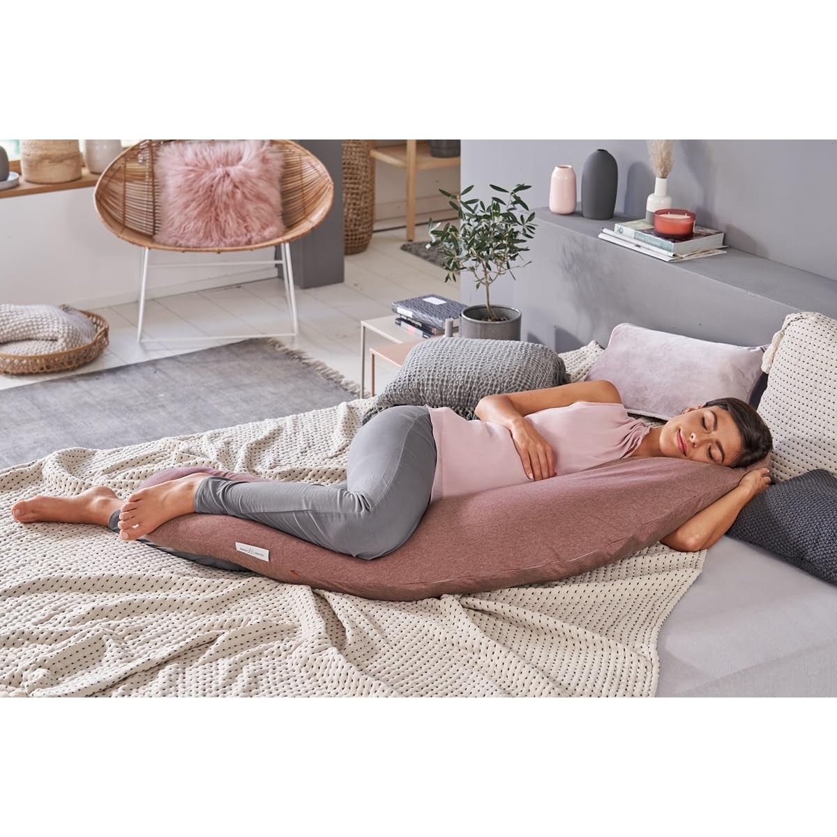 Theraline Stillkissen 190cm inkl. Bezug Sandbeige, Musselin Dinkelfüllung