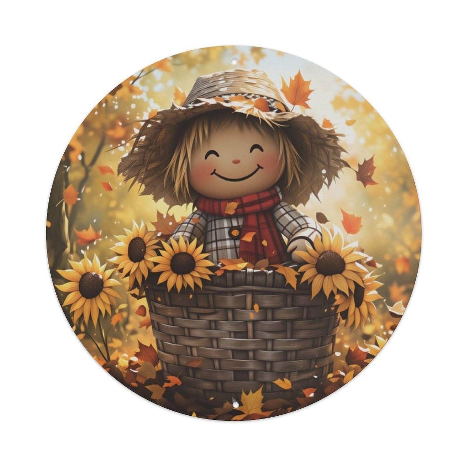 Fall Sunflower Scarecrow Harvest Round Decor Sign Vintage Aluminium Metal Sign, Retro Wall Decor for Home, Bar, Garage & Farmhouse 20x20cm