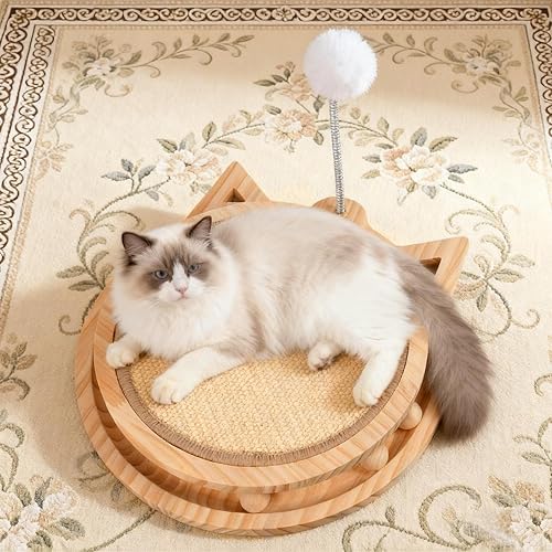 Rascador de sisal para gatos con pista de bolas y resorte de juguete 3 en 1 interactivo de madera para gatos y gatitos de interior