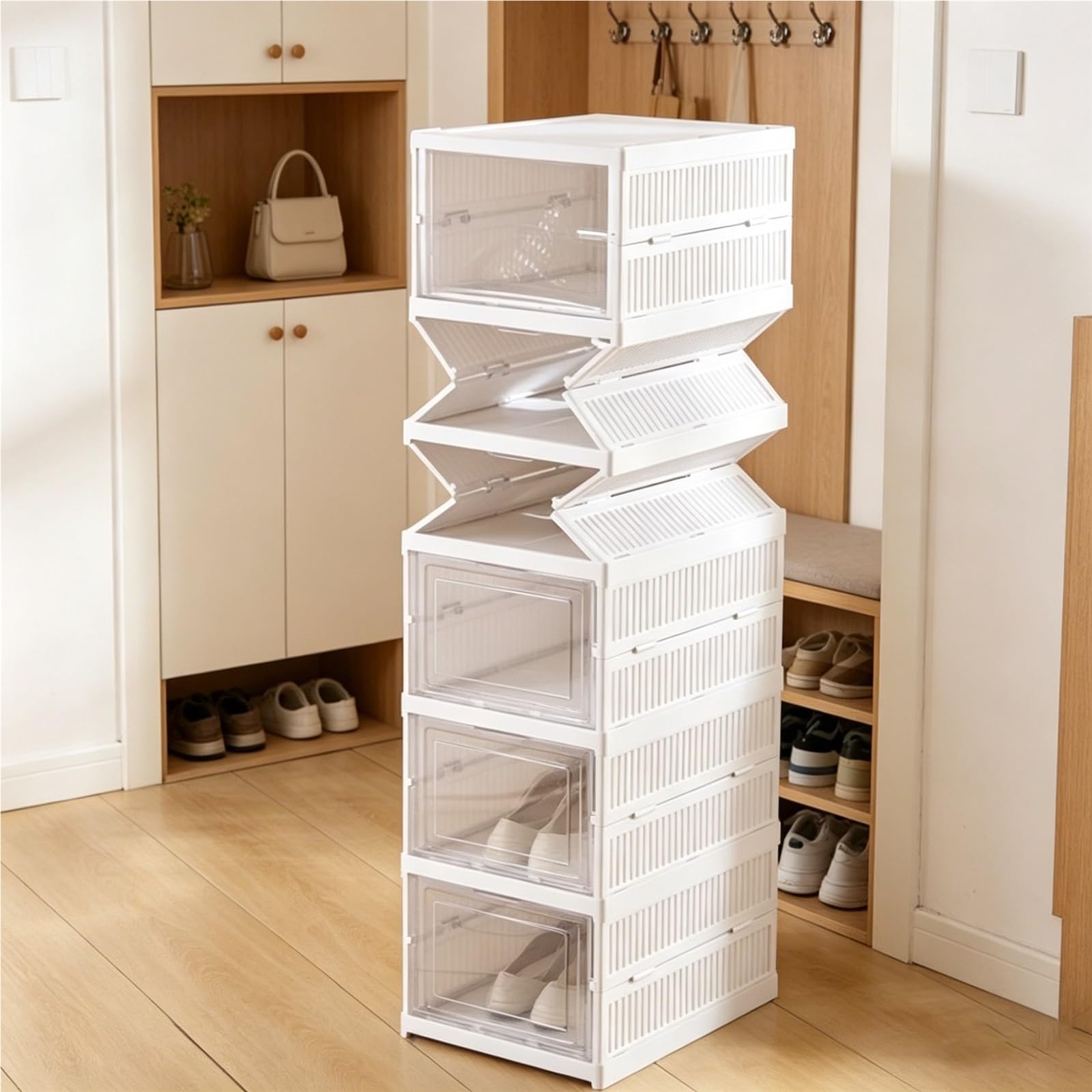 TYNGBT Stackable Fold-Top Shoe Cabinet with Clear Doors, Freestanding Shoe Rack with Lid, Ready-to-Assemble Shoe Organizer for Closets, Entryways & Bedrooms, 6 Tiers