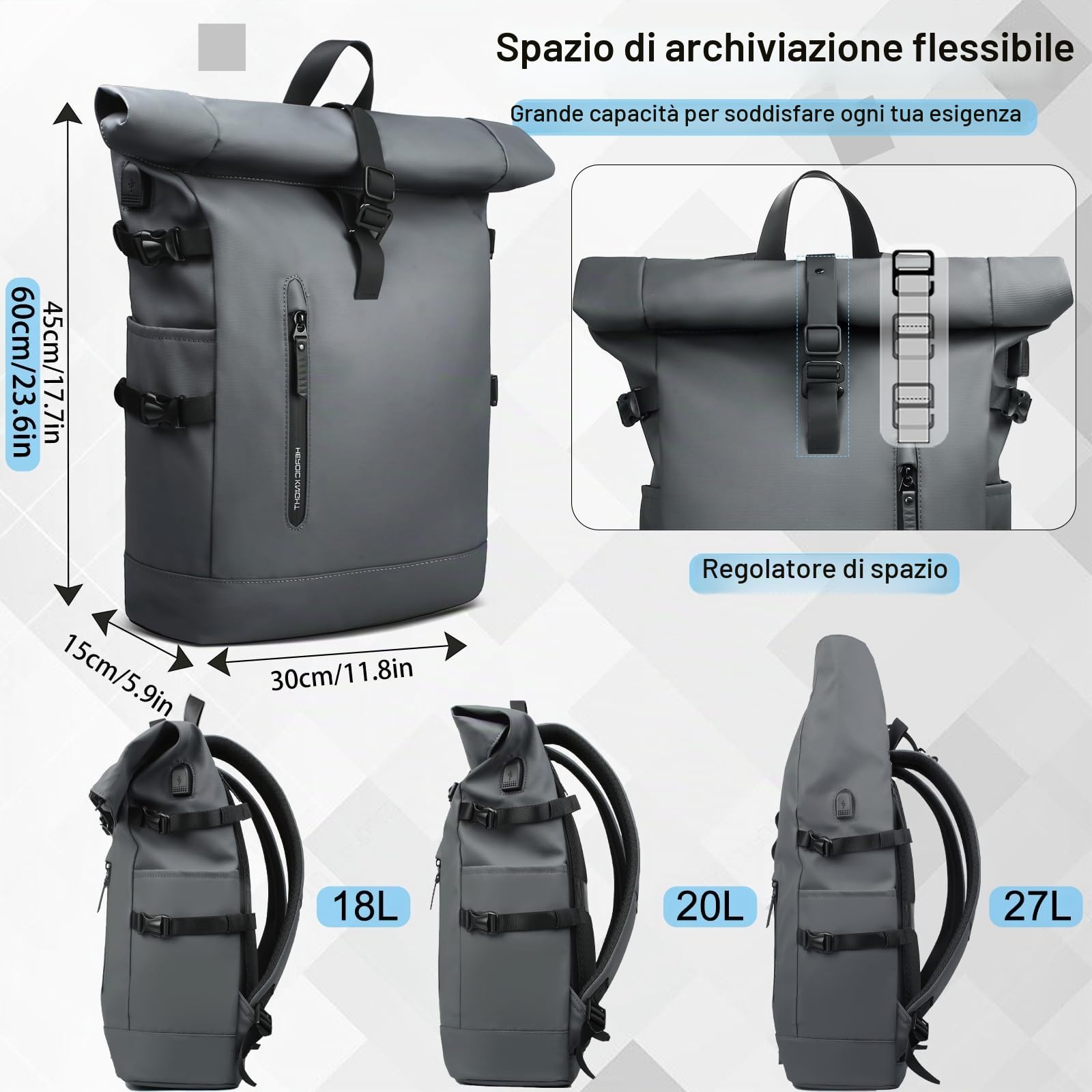 hk Zaino Rolltop 23L Impermeabile per Laptop da 15,6 Pollici | con Porta USB, Zaino Antifurto Leggero per Uomini e Donne, Ideale per Scuola, Università, Lavoro e Tempo Libero