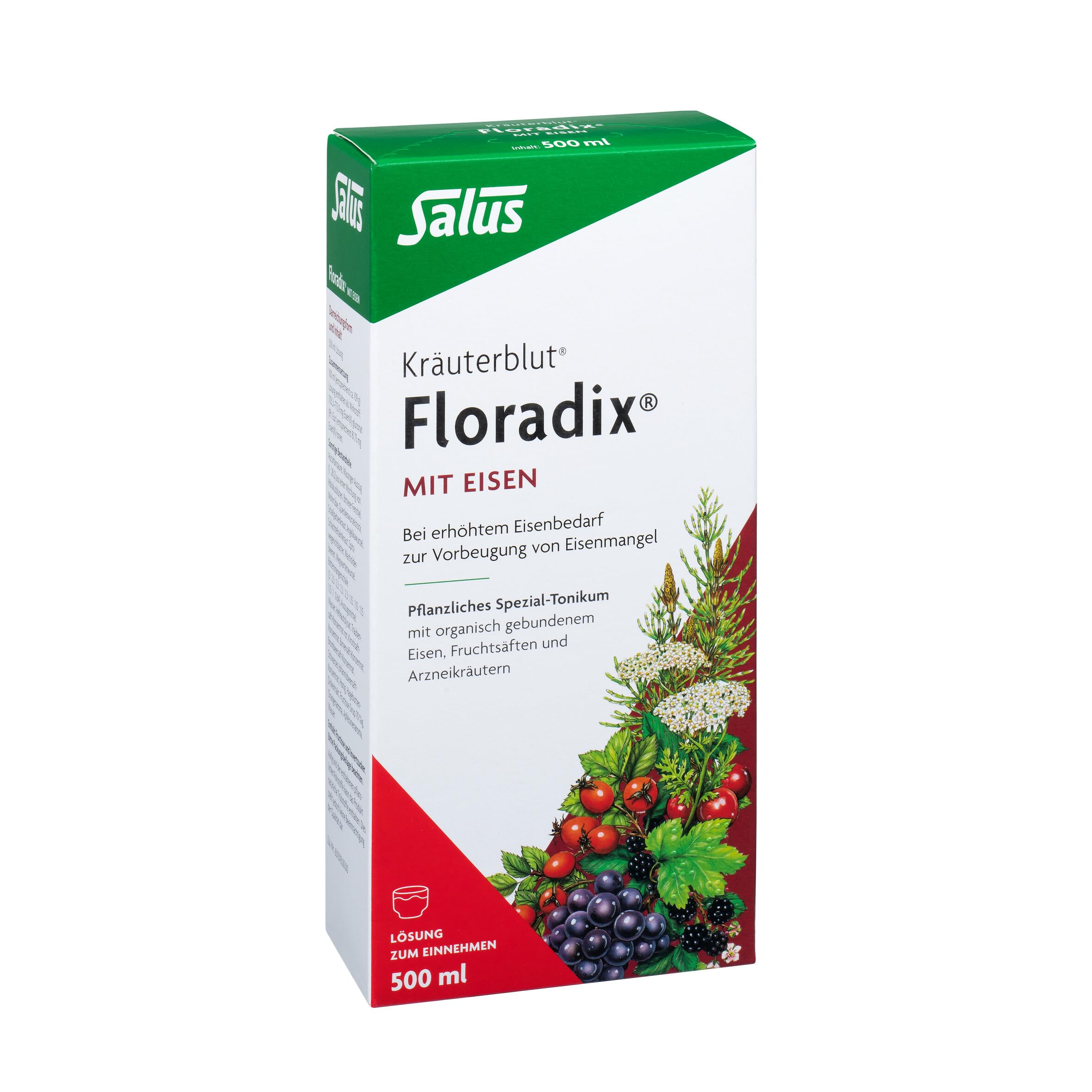 Salus Kräuterblut Floradix mit Eisen – Bei erhöhtem Eisenbedarf zur Vorbeugung von Eisenmangel – mit Eisen(II)-gluconat – freiverkäufliches Arzneimittel, 500 ml – rot