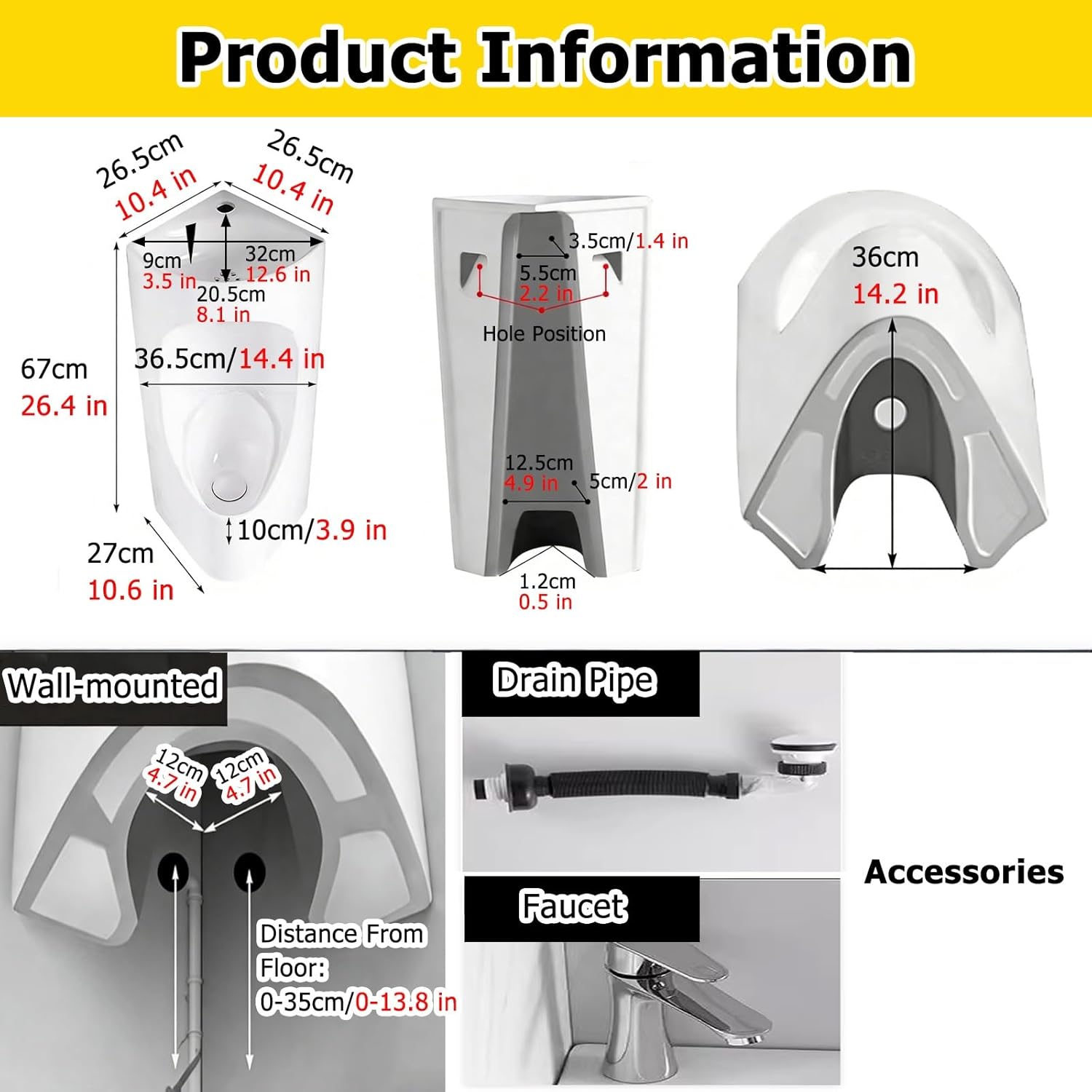 Wall-Mounted Urinals for Men Bathroom，Men's Urinal with 4in Edge Splash-Proof, Triangular Male Urinal with Stainless Steel Faucets，Black White Gray(White)