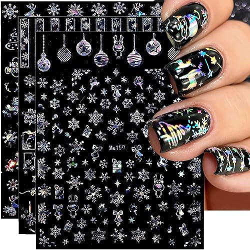 Calcomanías de uñas de Navidad 3D autoadhesivas holográficas de copo de nieve láser plateado árbol de Navidad estrellas alces diseño de caramelo