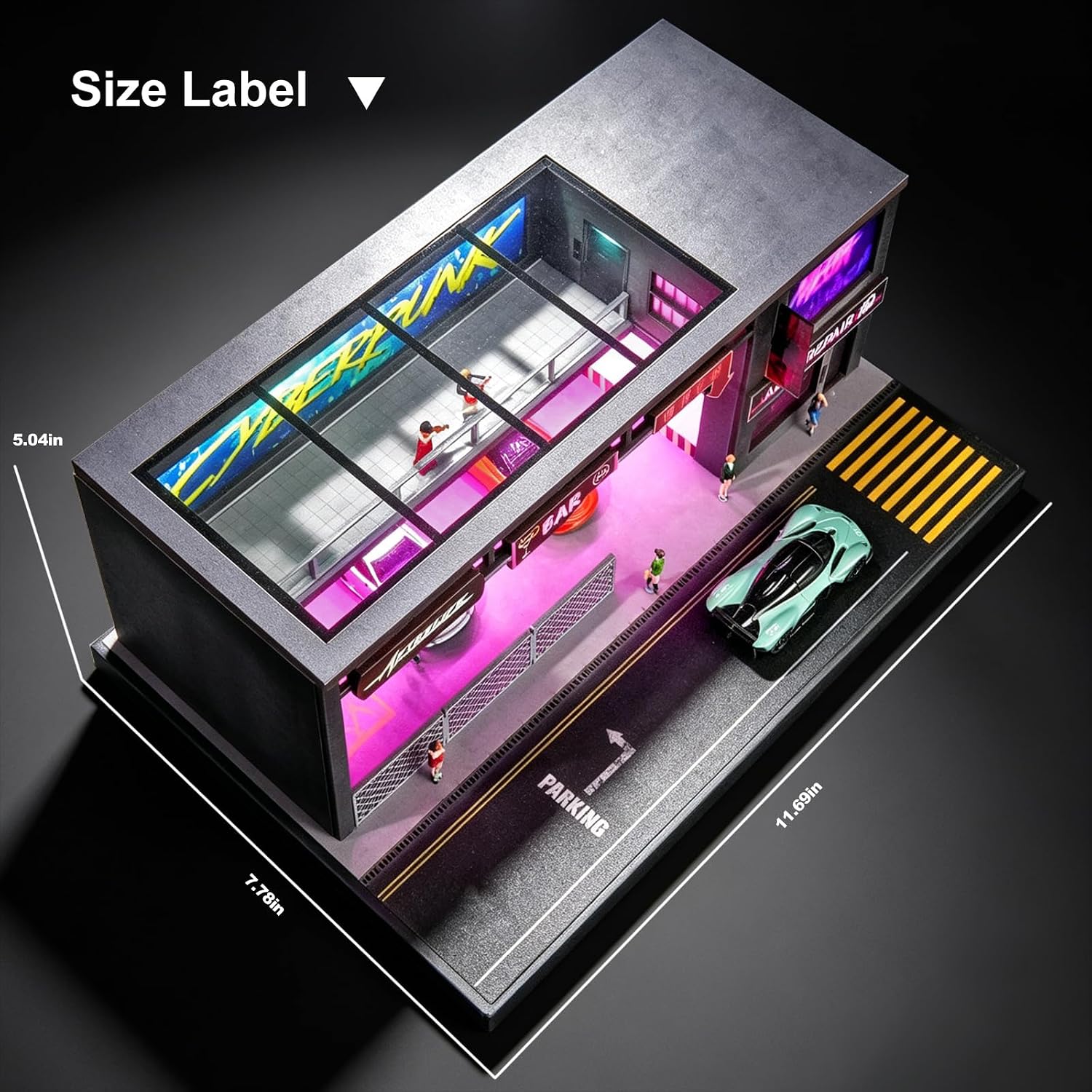 1/64 Scale Cyberpunk Neon Garage Diorama, LED Lighted Miniature Street Auto Repair Bar Scene Model, Diecast Toy Car Parking Display Building