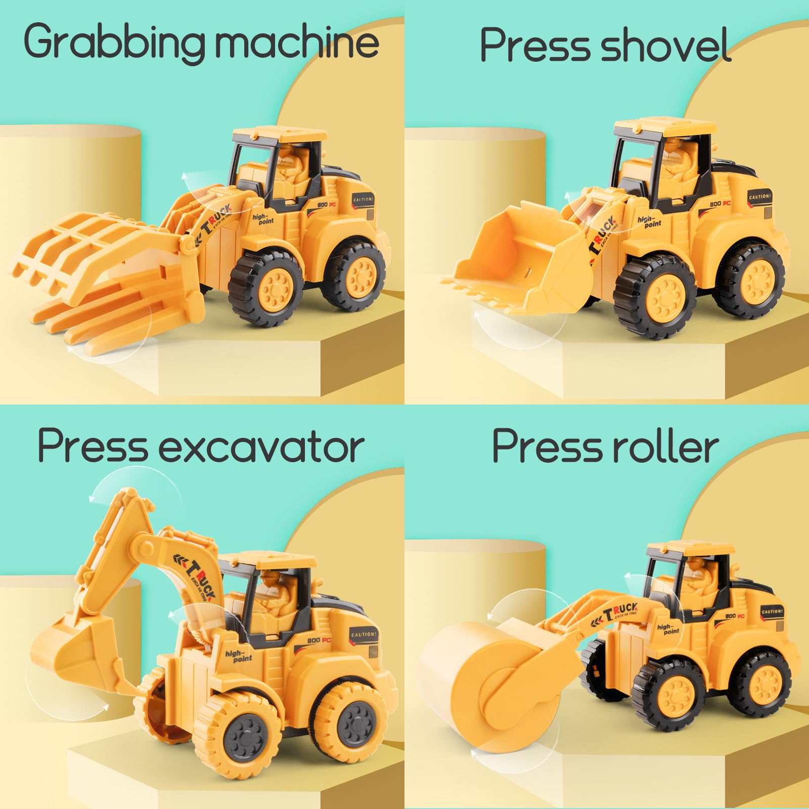4 Pièces Jouets Pelleteuse, Jouet De Sable Pelleteuse Bac à Sable avec Bulldozer, Excavatrice, Presse, Grue à Grappin, Jouets De Sable Voiture, Camion De Chantier pour Tout-Petits
