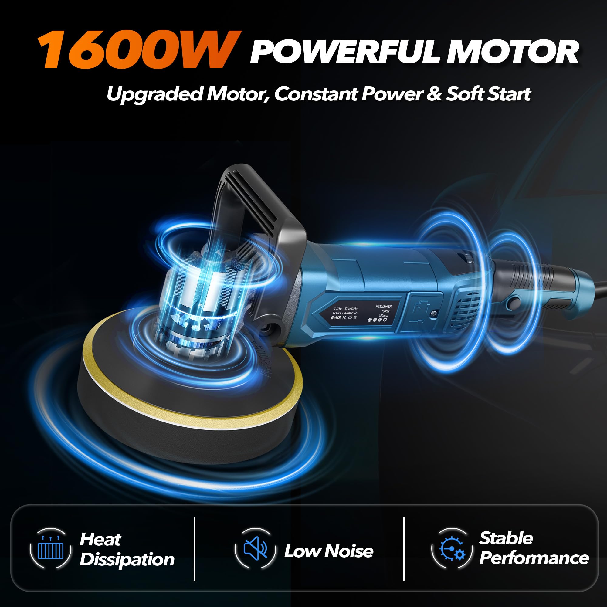 Pulidor de pulidor, 1600 W, rotativo, 7 velocidades, 1000-3500 RPM, mango desmontable para encerar, pulir y eliminar arañazos