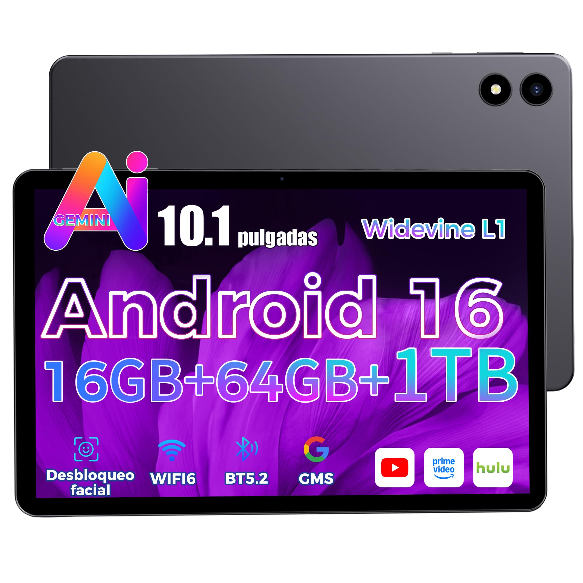 RebotAi 2026 último Tableta 10 Pulgadas Android 16,Gemini Ai,16GB RAM + 64GB ROM + 1TB TF, GMS, Widevine L1,5G Wi-Fi6, BT5.2,Delgada y Ligera, Desbloqueo Facial,Duplicación de Pantalla inalámbrica