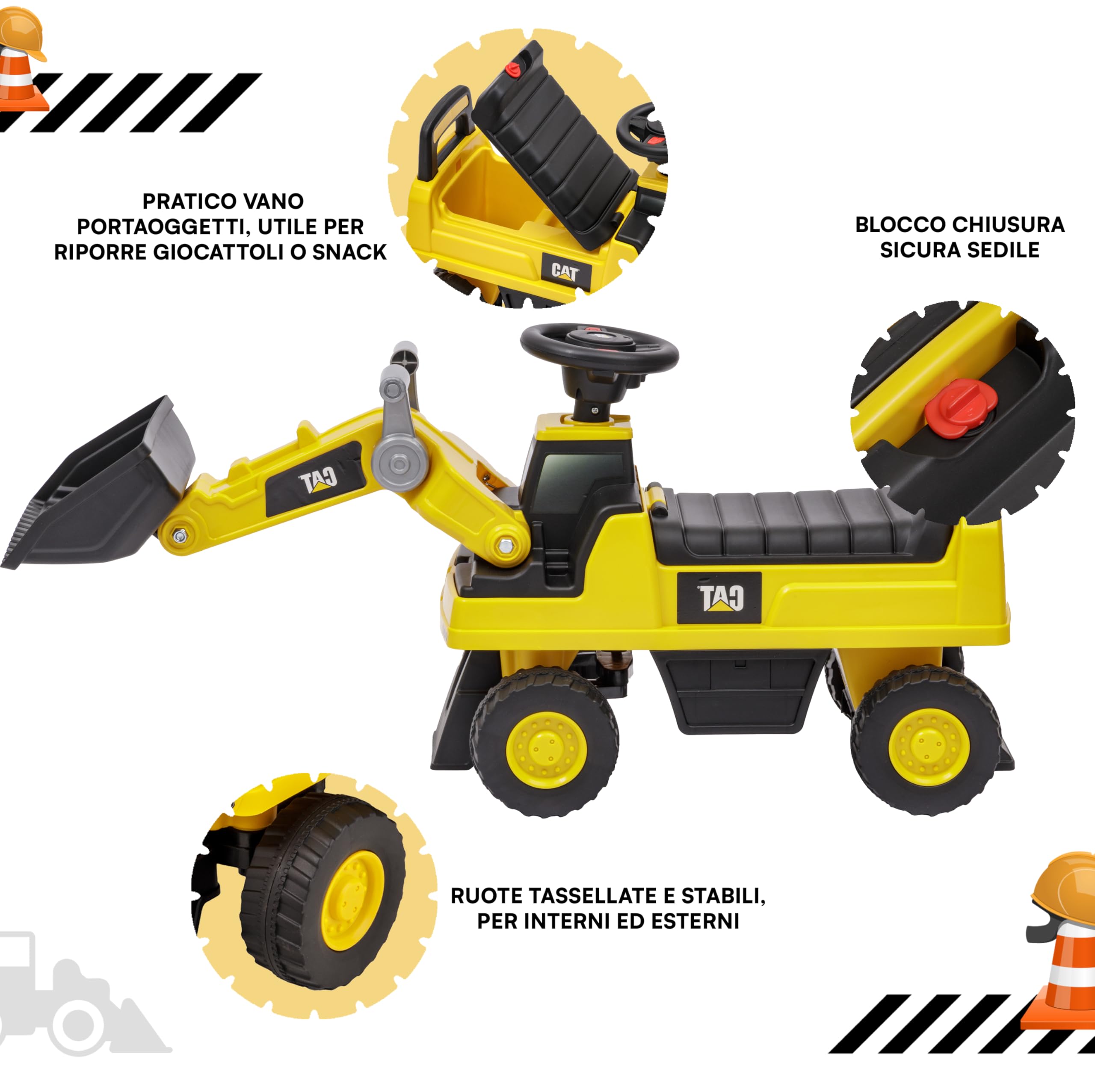 Baroni Toys Ruspa/Escavatore Cavalcabile per Bambini 1-3 Anni, con Licenza CATERPILLAR, Clacson Sonoro, Pala Mobile e Vano Portaoggetti, Dispositivo Antiribaltamento, 28x85x48cm