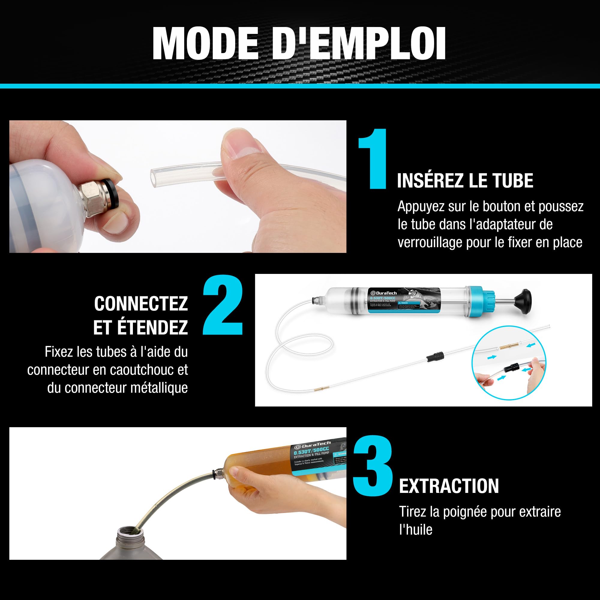 DURATECH Seringue a Huile 500ml, Extraction d'Huile Moteur, Seringue a Huile Boite Vitesse avec Tube Extension, Aspiration et Remplissage Manuels de Carburant et Liquide