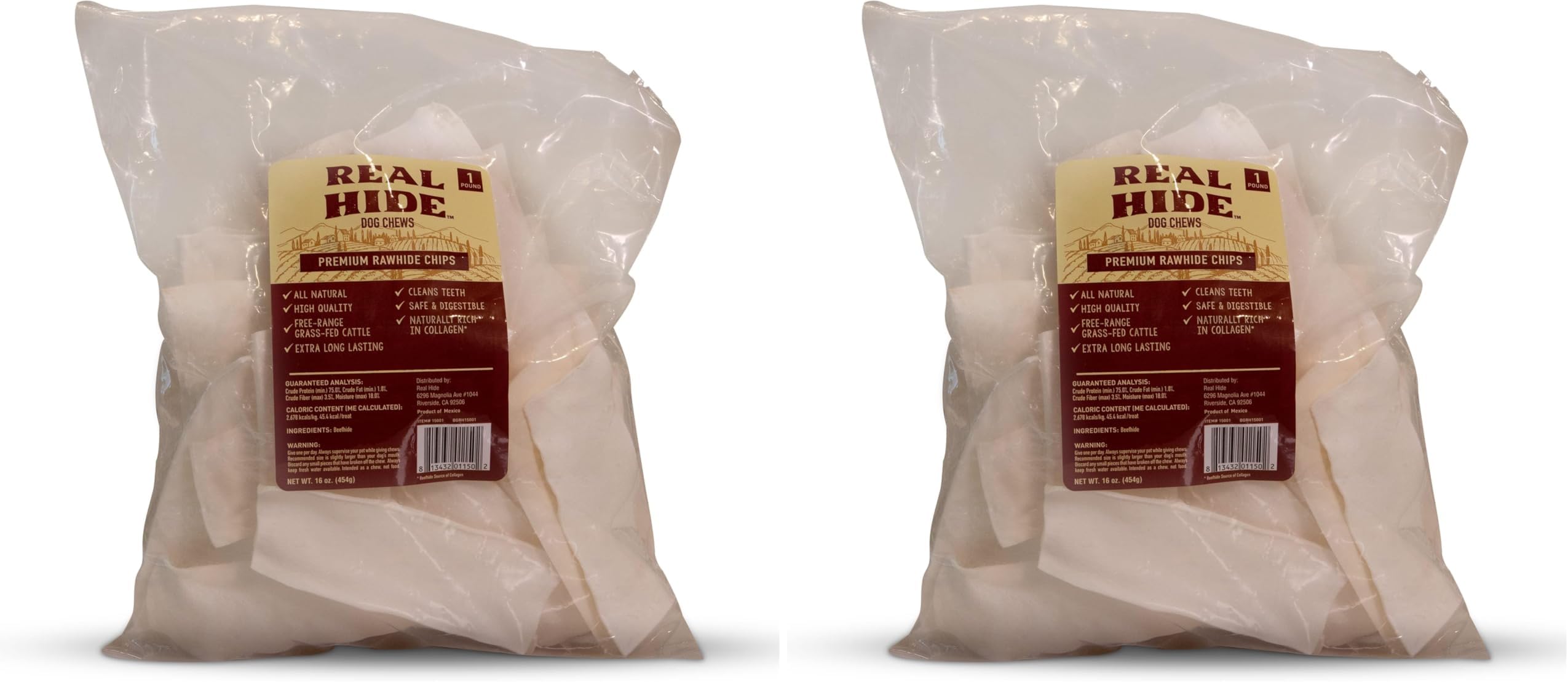 Real Hide Dog Chew Treats, Rawhide Chips, Beef Hide | All Natural | 1 Pound Pack of 2 | Premium Quality | For Small/Medium/Large Dogs