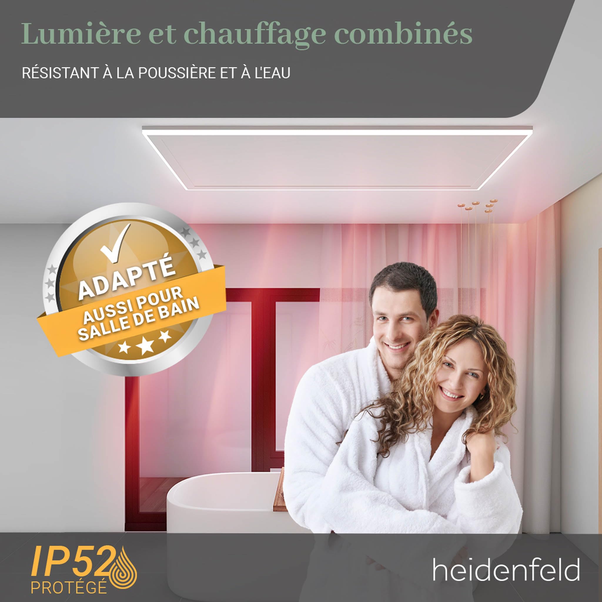 Heidenfeld chauffage infrarouge HF-HP500 avec éclairage | Cadre LED - panneau infrarouge plafond avec thermostat - marque allemande - télécommande (390 W réglable)