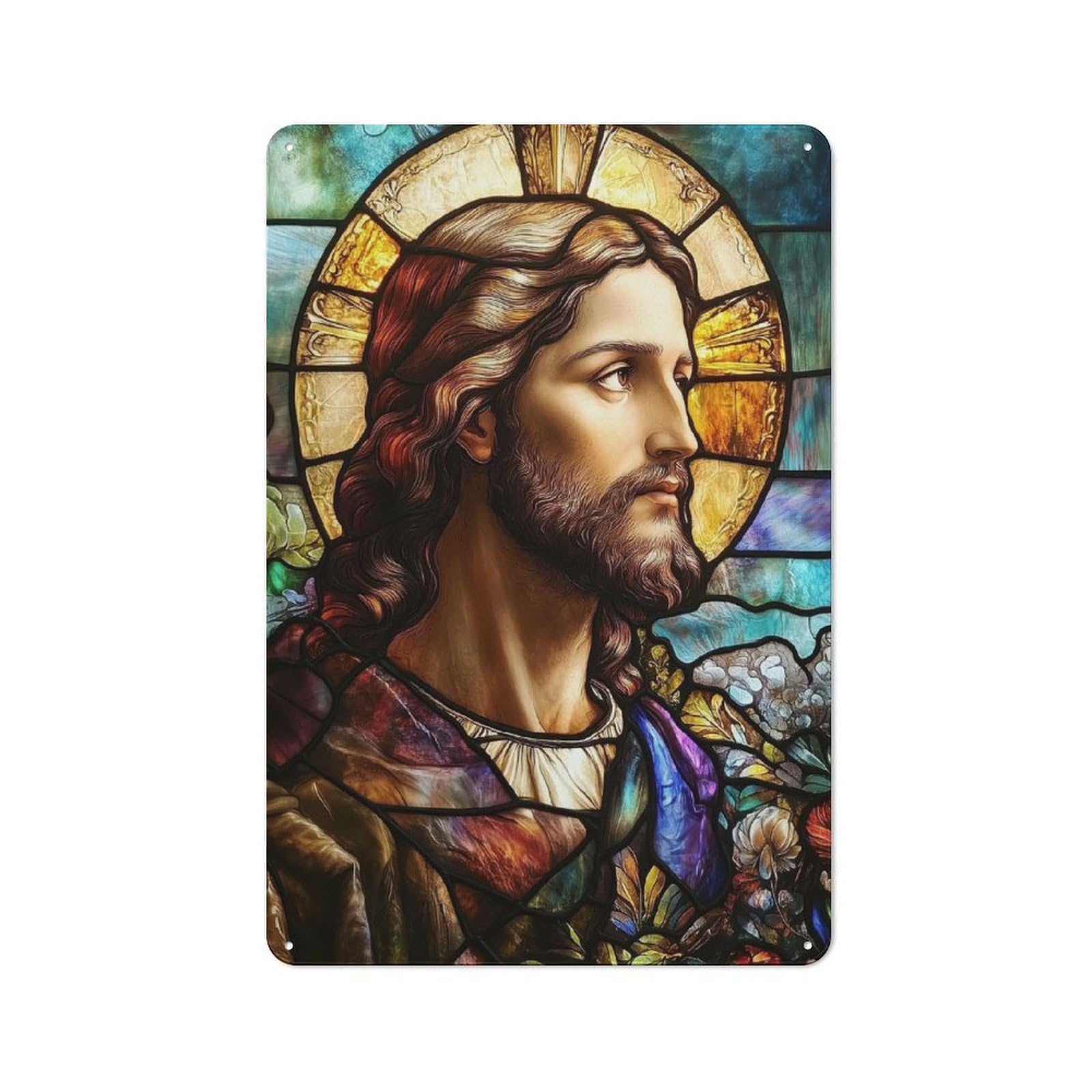 Junmoney Stained Glass Jesus Rustic Tin Sign 30X20cm For Living Room Or Hallway, Suited To Living Room Decor Lovers