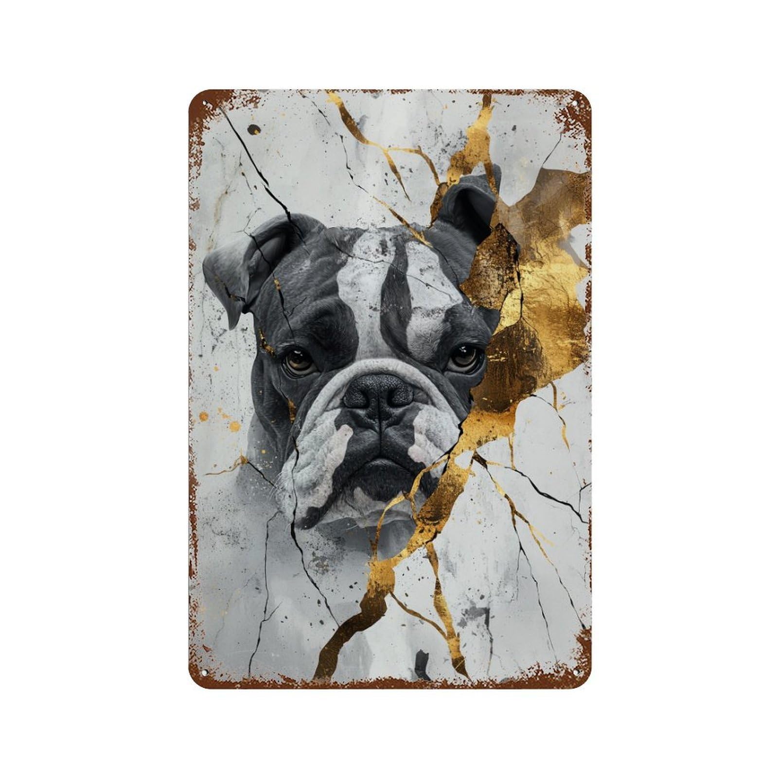 Golden Bulldog Wall Art Print Aged Metal Wall Plaque 11.8"x7.9", Industrial Home Decor for Pub, Kitchen And Man Cave Decor