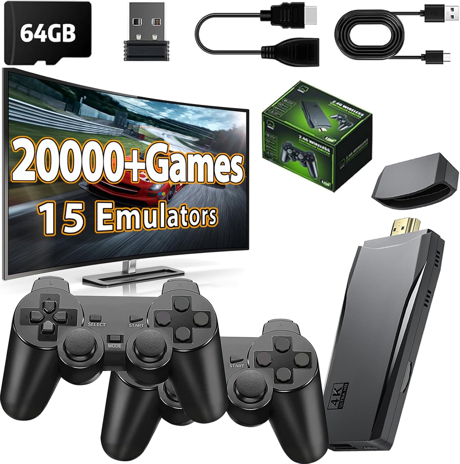 Wireless Retro Game Console Stick, Nostalgia Gaming Stick, Plug & Play TV Video Gaming Stick with 20000+ Games Built-in, 15 Retro Emulators 64G, 4K HDMI Output, 2 2.4G Wireless Controllers