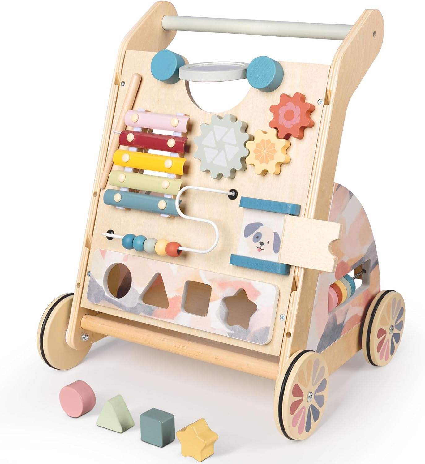 BAUTIA Wooden Baby Walker, Detachable Activity Busy Board, Baby Walking Toys Push Walkers for Babies 6-12 Months