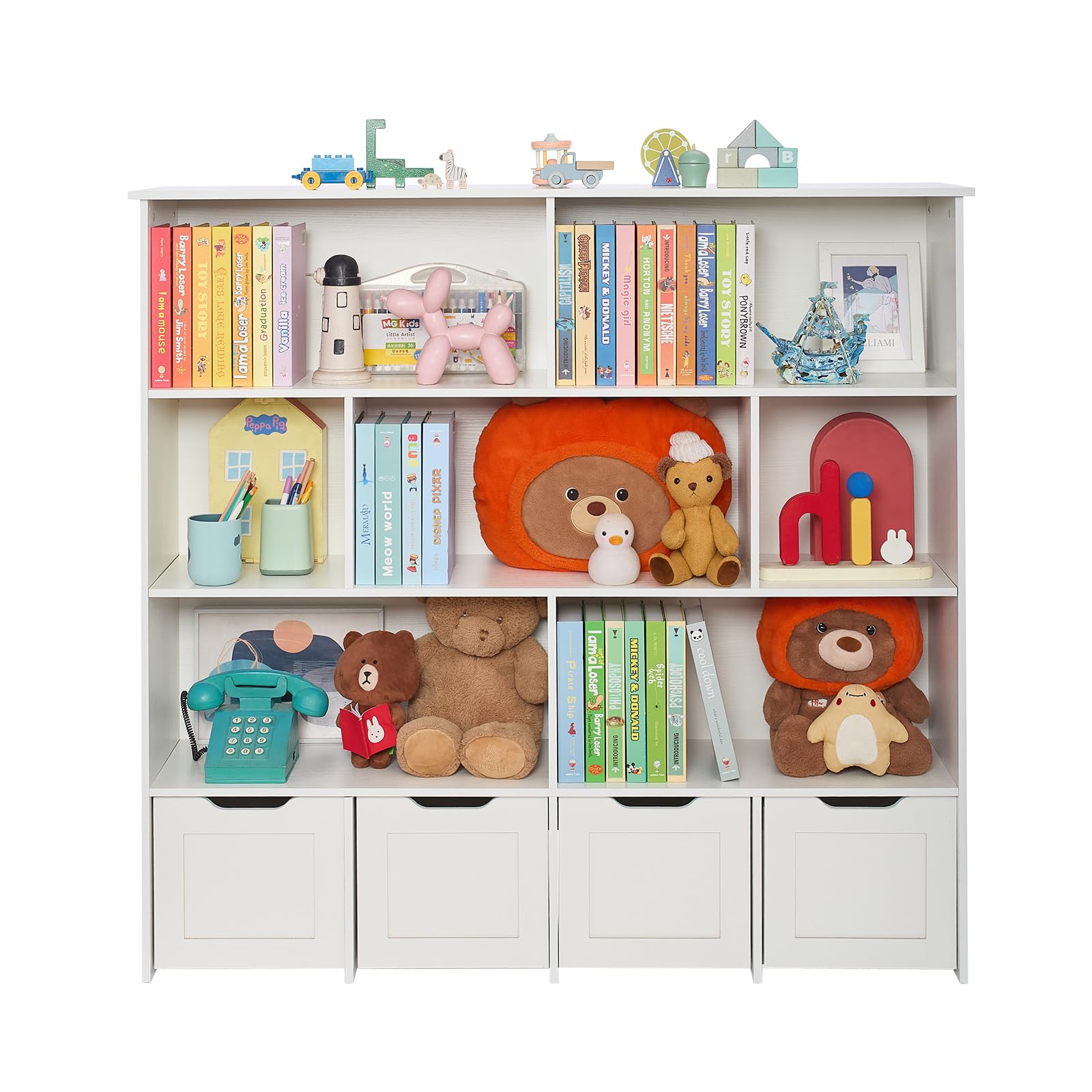 VEVOR Kinderregal Bücherregal aus Holz mit Stauraum, Spielzeugschrank mit 4 mobilen Schubladen, Aufbewahrungsschrank für Spielzeug, Spielzeugregal für Schlafzimmer Kinderzimmer Wohnzimmer, weiß