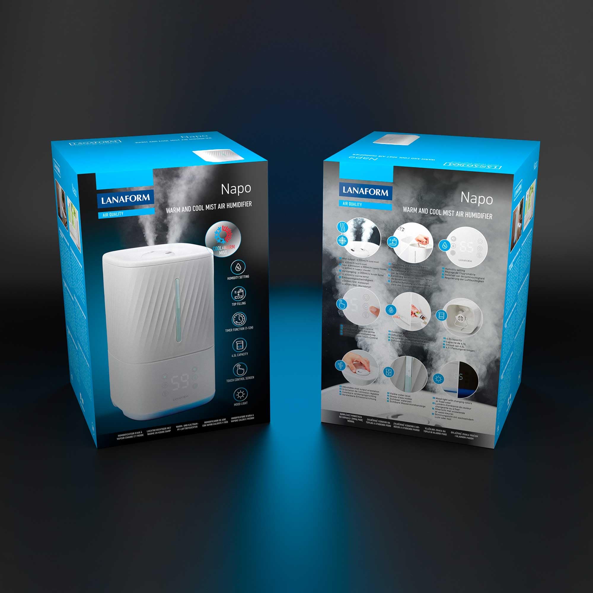 LANAFORM - Napo - Humidificateur D'air - Vapeur Tiède Et Froide - Diffuseur Huiles Essentielles - Mode Nuit - Silencieux - Capacité De 4.5 L - 3 Intensités - 50 M2