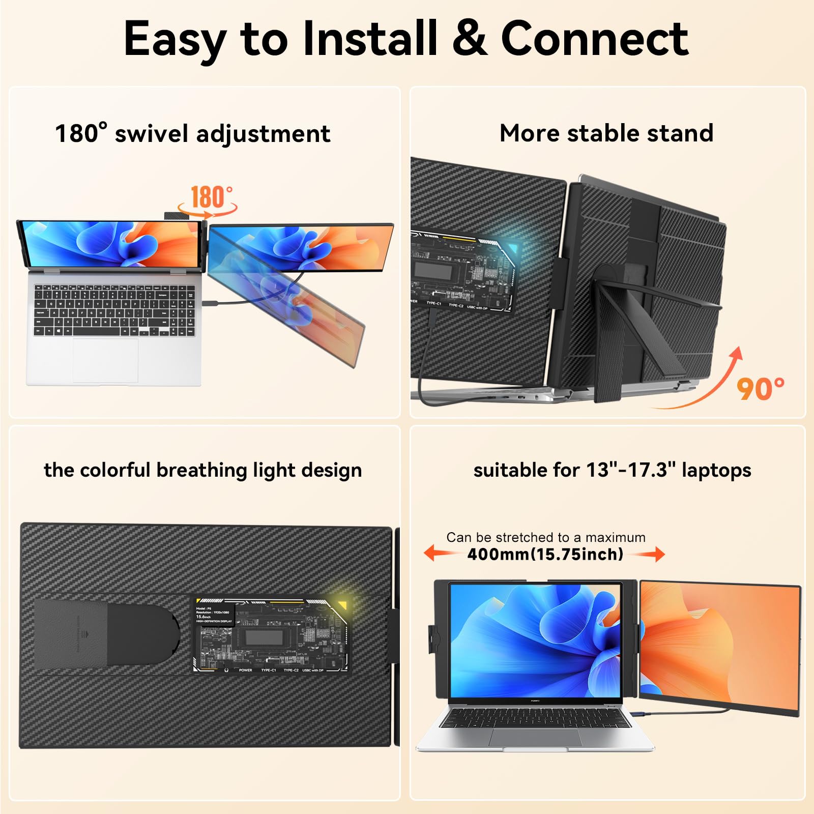 Laptop Screen Extender, Upgraded 15.6" Portable Monitor für Laptop, FHD 1080P IPS Dual Laptop Monitor Erweiterung, Abnehmbarer Reise Bildschirm Extender Passend für 13-17.3” Laptops
