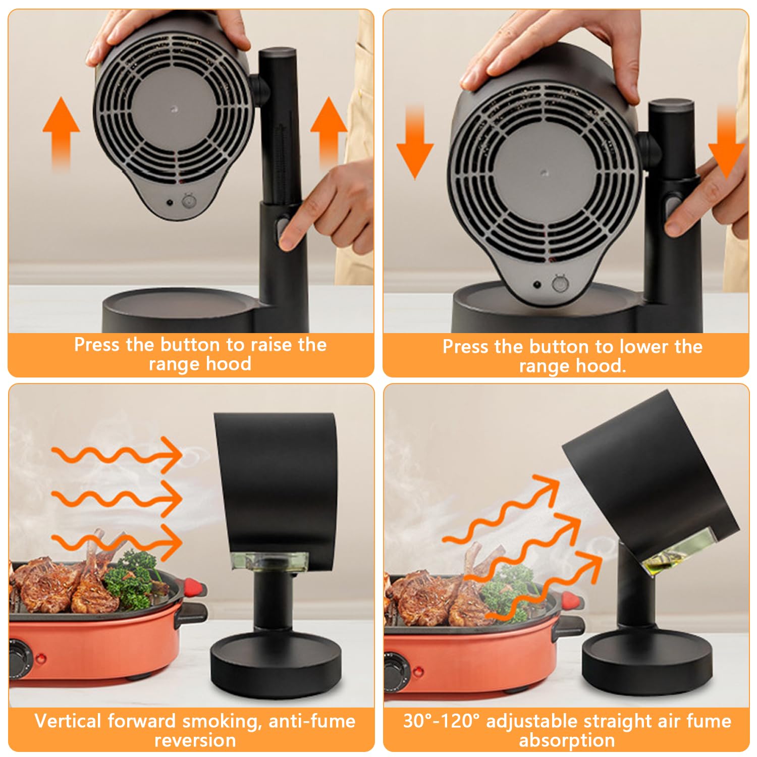 Hotte de table, hotte aspirante portable avec boîte de collecte d'huile et filtre amovible, hauteur et angle et 3 vitesses réglables, vitesse maximale de 3600 tr/min pour camping, barbecue, hot pot
