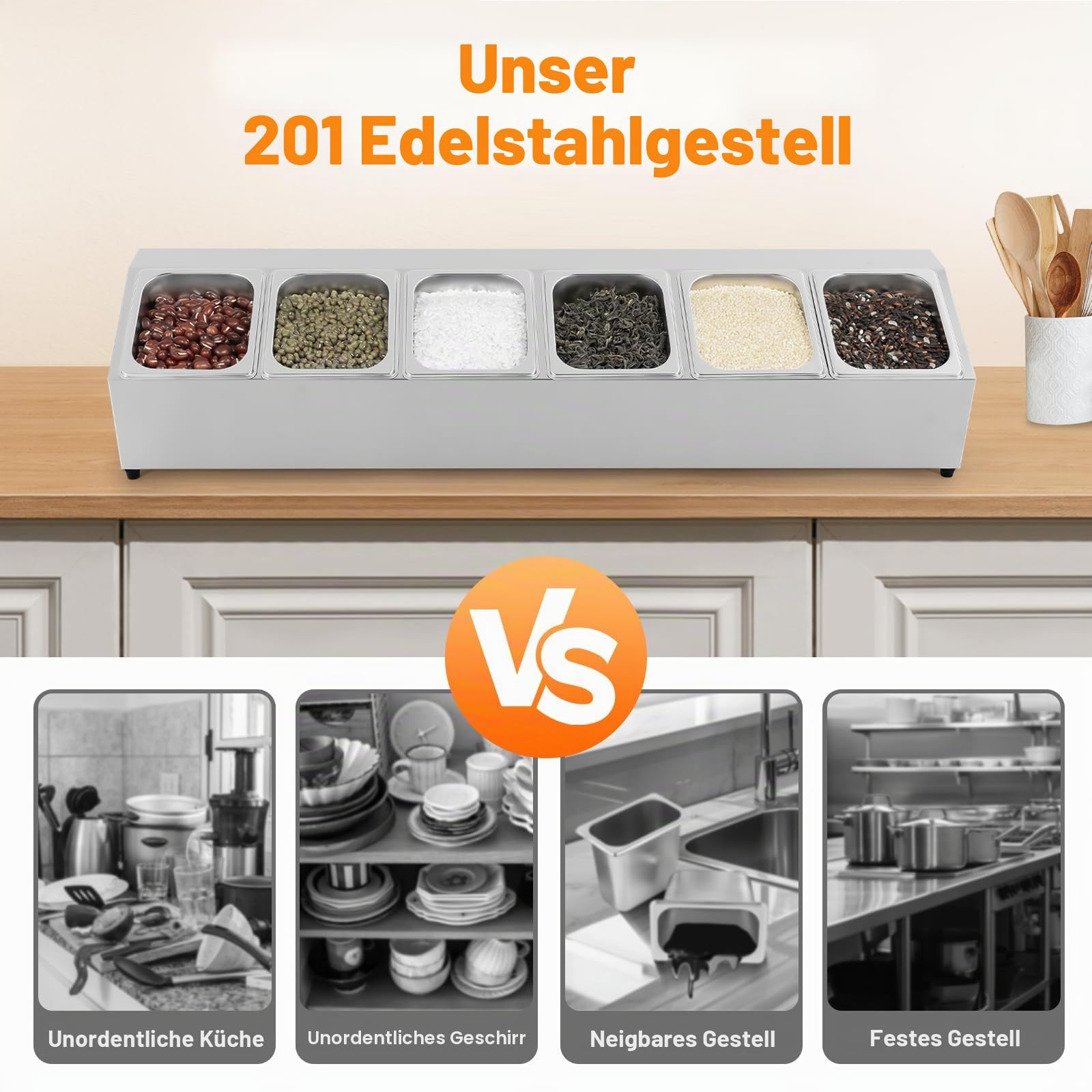 Aufstellbehälter für Vorratsdosen, Zutatenbehälter, 5 Stück Edelstahl Spülmaschinenfest, mit 5 x 1/6 Behälter, mit 5 passenden Deckeln, Aufstellbehälter,