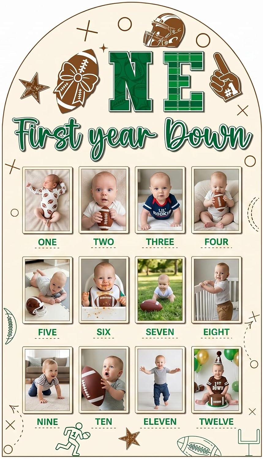First Year Done Birthday Party Decorations, Football My First Year Photo Board Decor, Football down Wooden 12 Monthly Milestone Board Bday Keepsake Gifts Supplies (12 X 16.9 Inch)