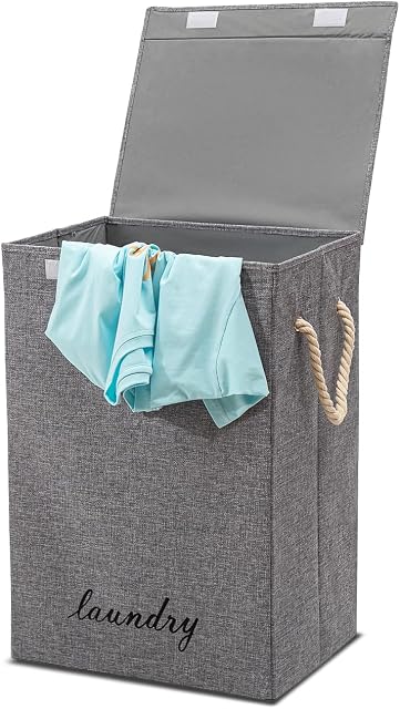 FB FunkyBuys Laundry Basket Folding Bin Bag Hamper With Lid Fabric Baskets Dirty Washing Clothes Storage For Bedroom, Bathroom, Laundry Room (Dark Grey)