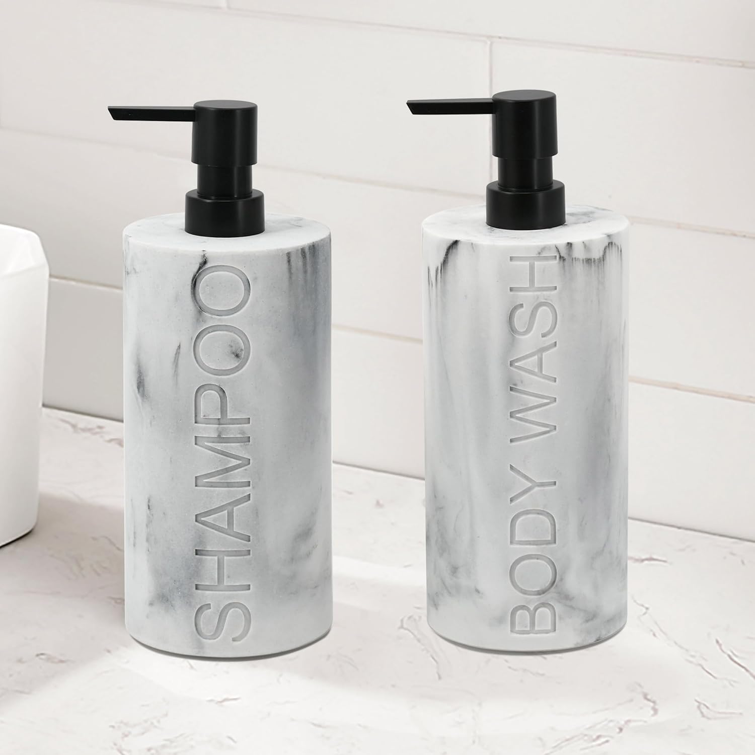 Marble Resin 2 Piece Shampoo and Body Wash Dispenser Set, Luxurious Refillable Pump Bottles with Matte Pump Top and Embossed Text, Durable Design for Bathroom and Shower - Image 3