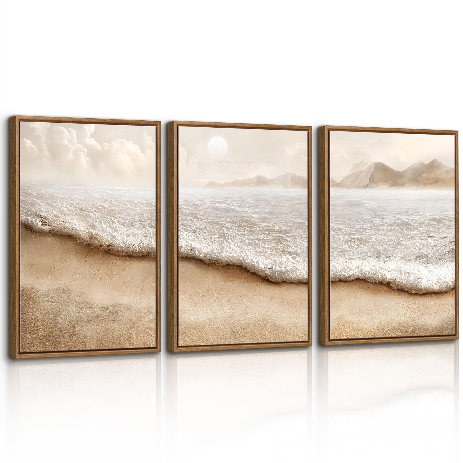 WENGTIAO Canvas Wall Art Framed Set of 3, Vintage Beach Coastal Pictures, Minimalist Abstract Sea Waves Painting Prints on Canvas for Living Room Bedroom Home Wall Decor 30x40cmx3